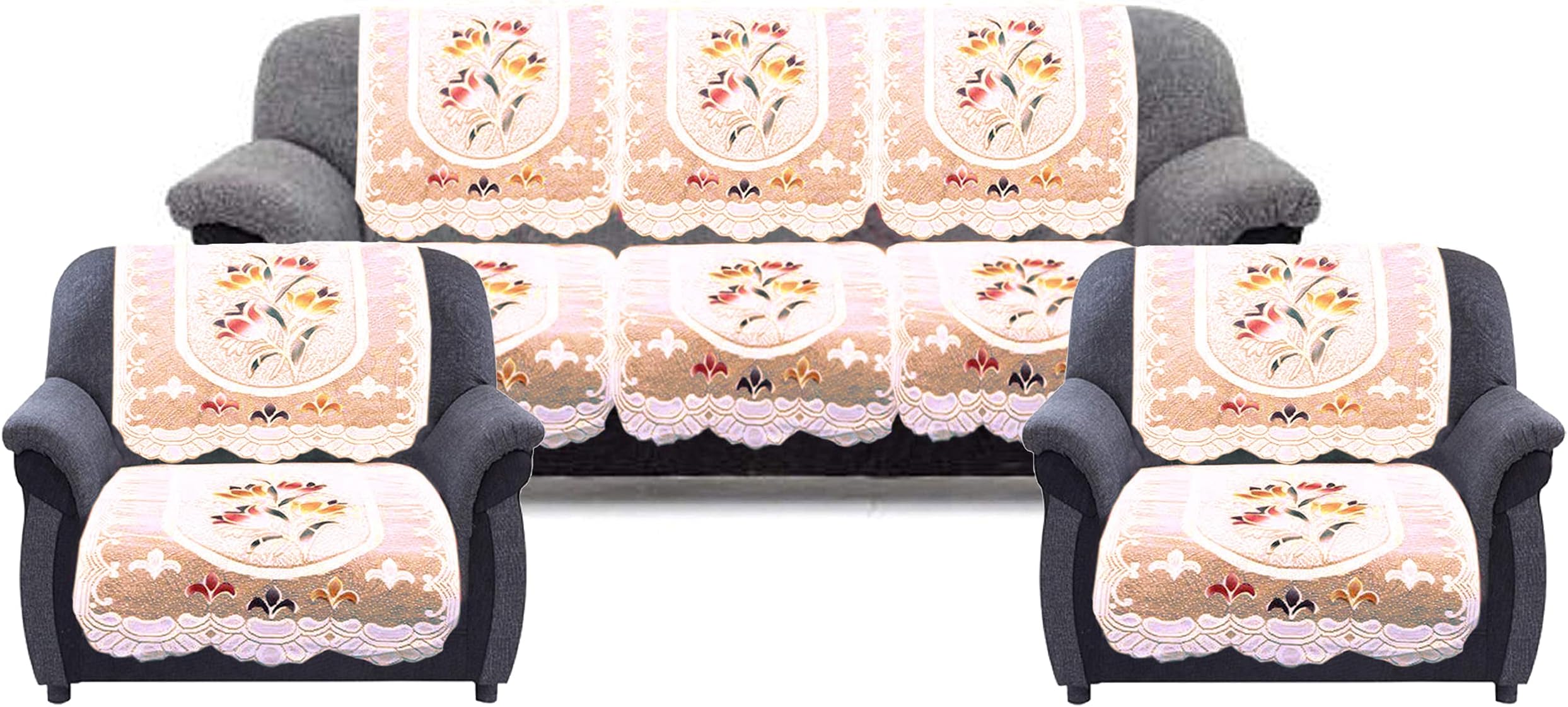 Kuber Industries Cotton 5 Seater Sofa Cover|Premium Cotton Fabric & Side Flower Design|Cutting Edge Round Shape, 10 Piece (Cream)