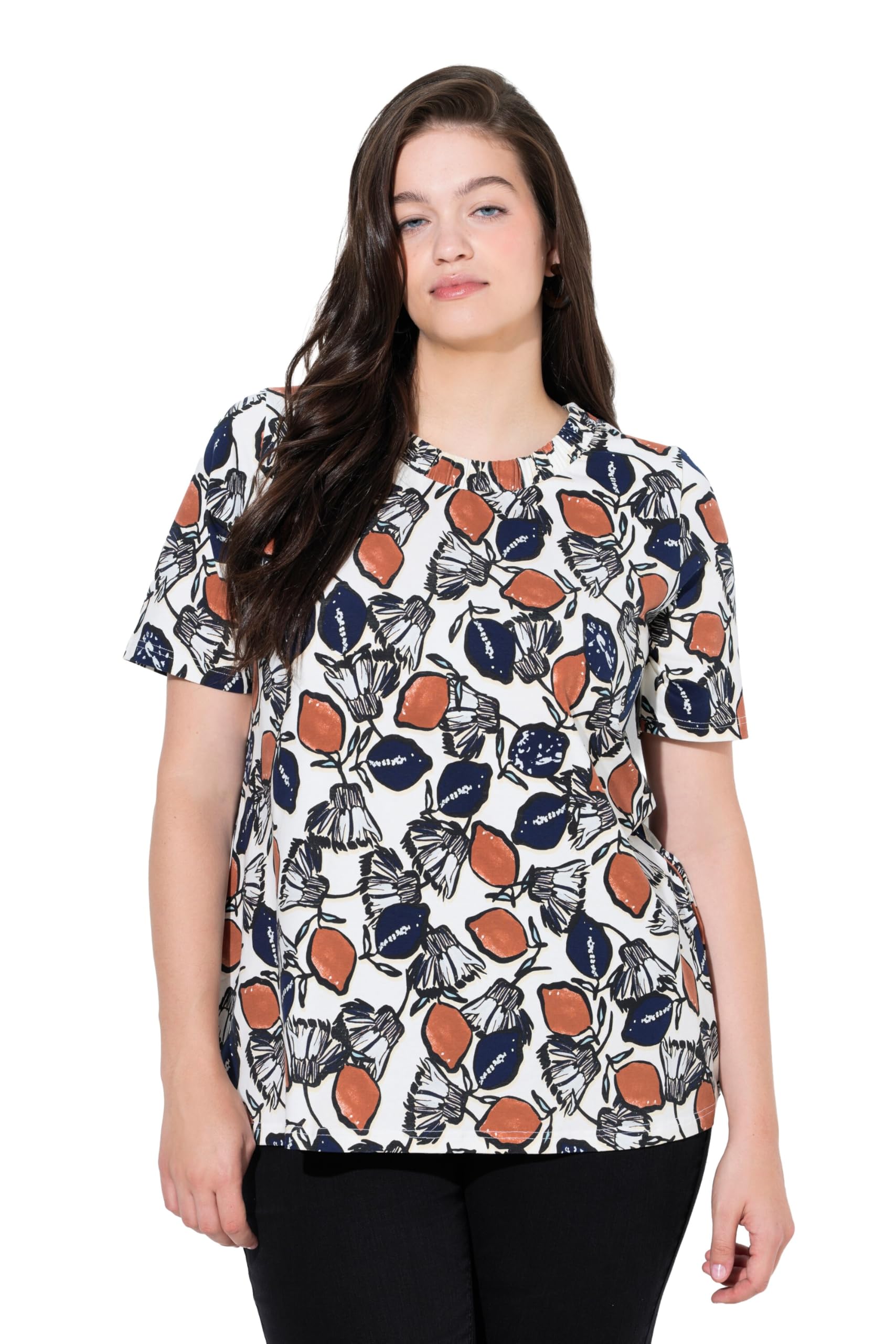 Ulla Popken Damen große Größen Übergrößen Plus Size T-Shirt, Zitronen, Rundhals, Halbarm, Biobaumwolle 846163