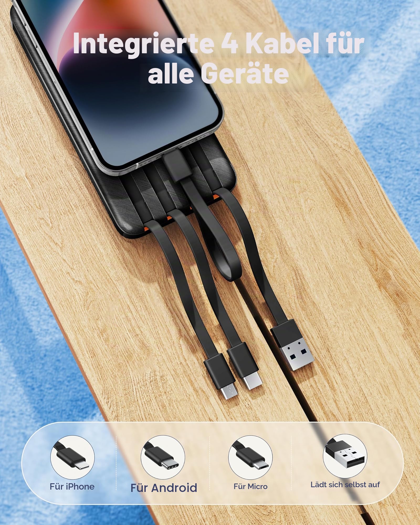 charmast Tragbares Ladegerät, integrierte Kabel, 20.000 mAh Powerbank, 6 Ausgänge | Reise-Schnellladeakku für iPhone 17/16/15 Samsung Android, Fluggenehmigt, Multi-Device, USB-C & USB-A, LED %