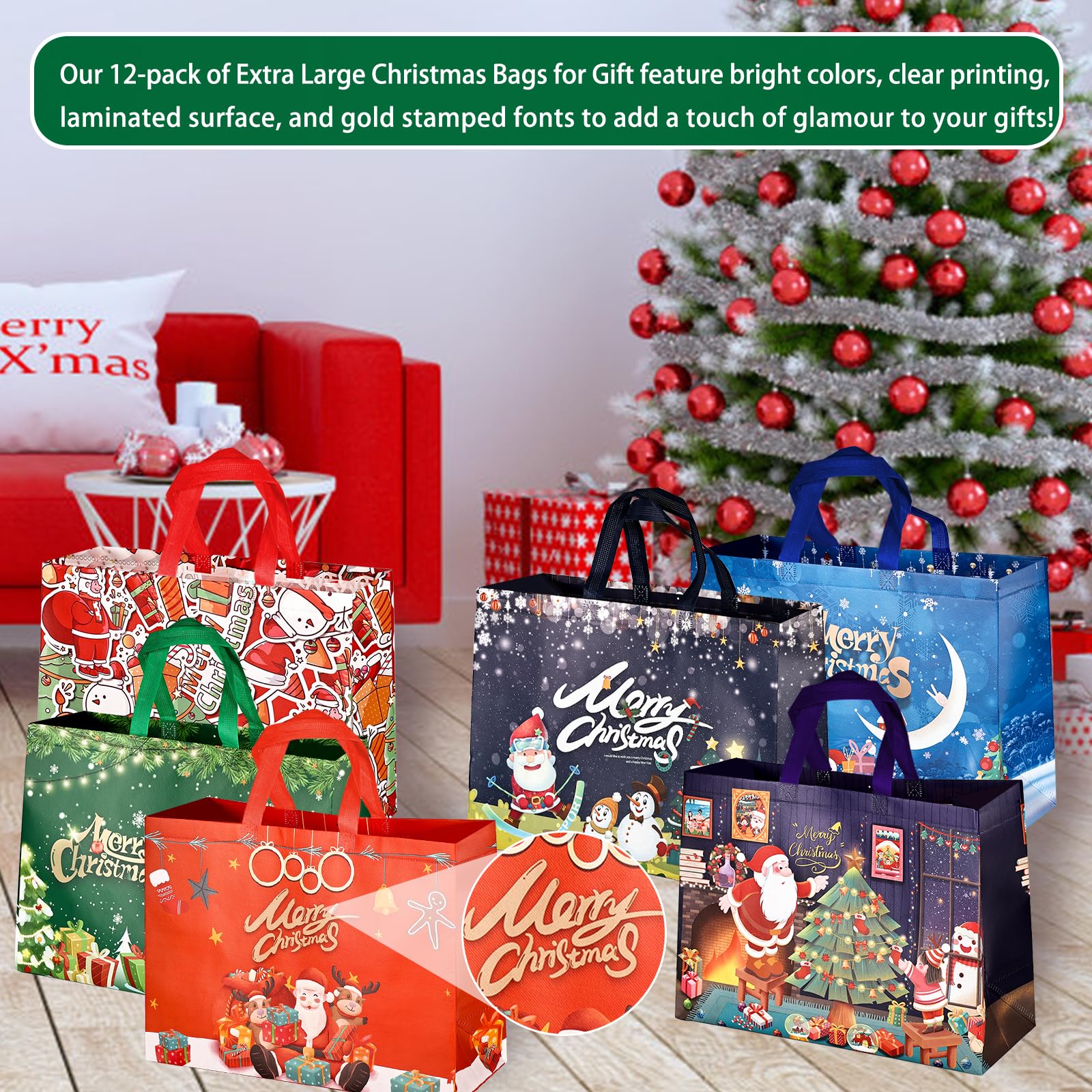 TAIXING 12 Pack Extra Large Christmas Bags for Gift Reusable Christmas Tote Bags - Image 4