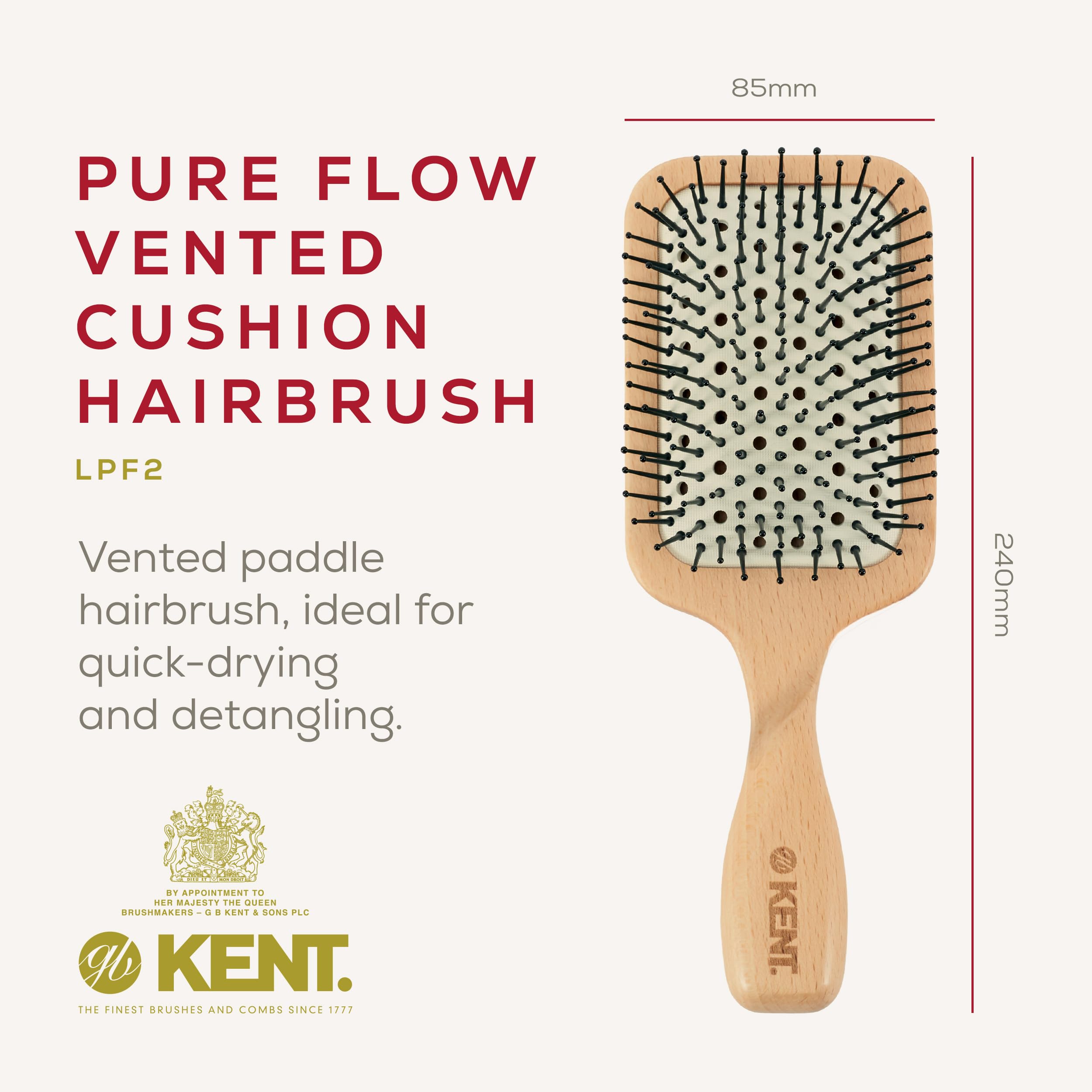 Kent Brushes Pure Flow Hairbrush, Large Vented Fine Quill Paddle Brush LPF2 - Image 2
