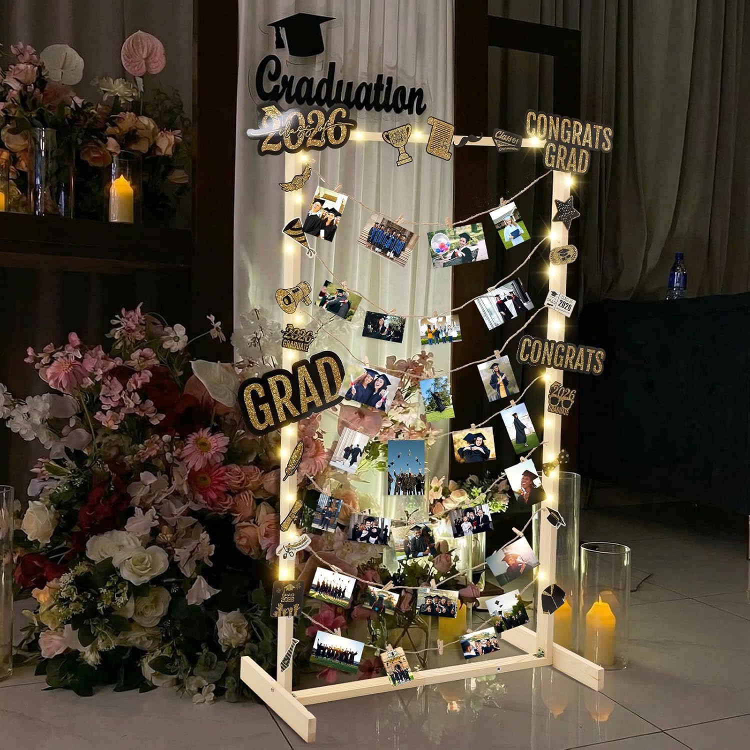 47 Inch Wooden Graduation Picture Display Frames Board Graduation Decorations Class of 2026 Standing Collage Picture Frame with String Light 30 Metal Clips for Grad Photo Party Decor