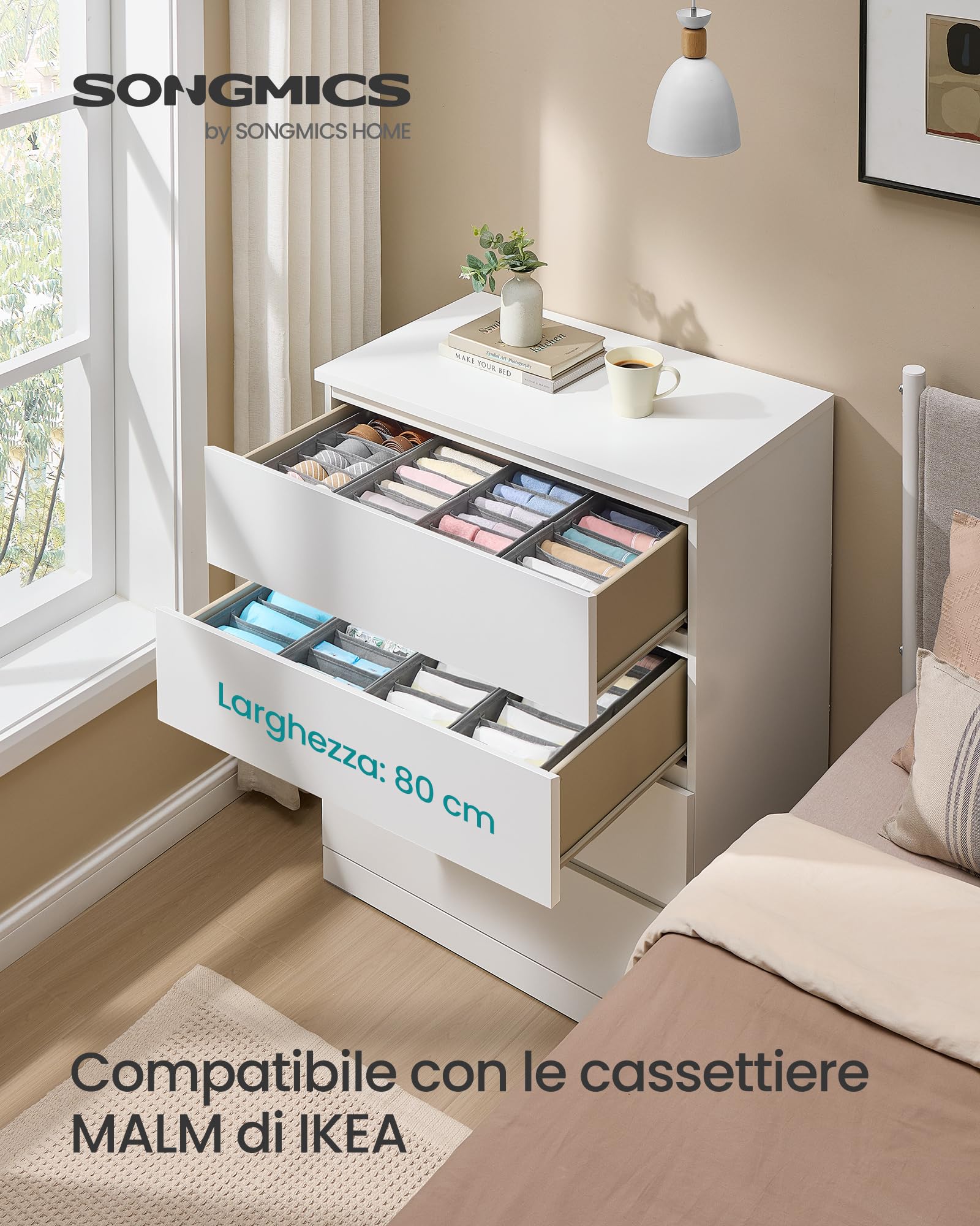 SONGMICS Set di 4 Organizer Cassetti, per Cassettiere HEMNES e MALM di IKEA, con Separatori, Organizzatori per Biancheria Intima Pieghevole, 40 x 16 x 10 cm, Grigio Tortora RUS014G01