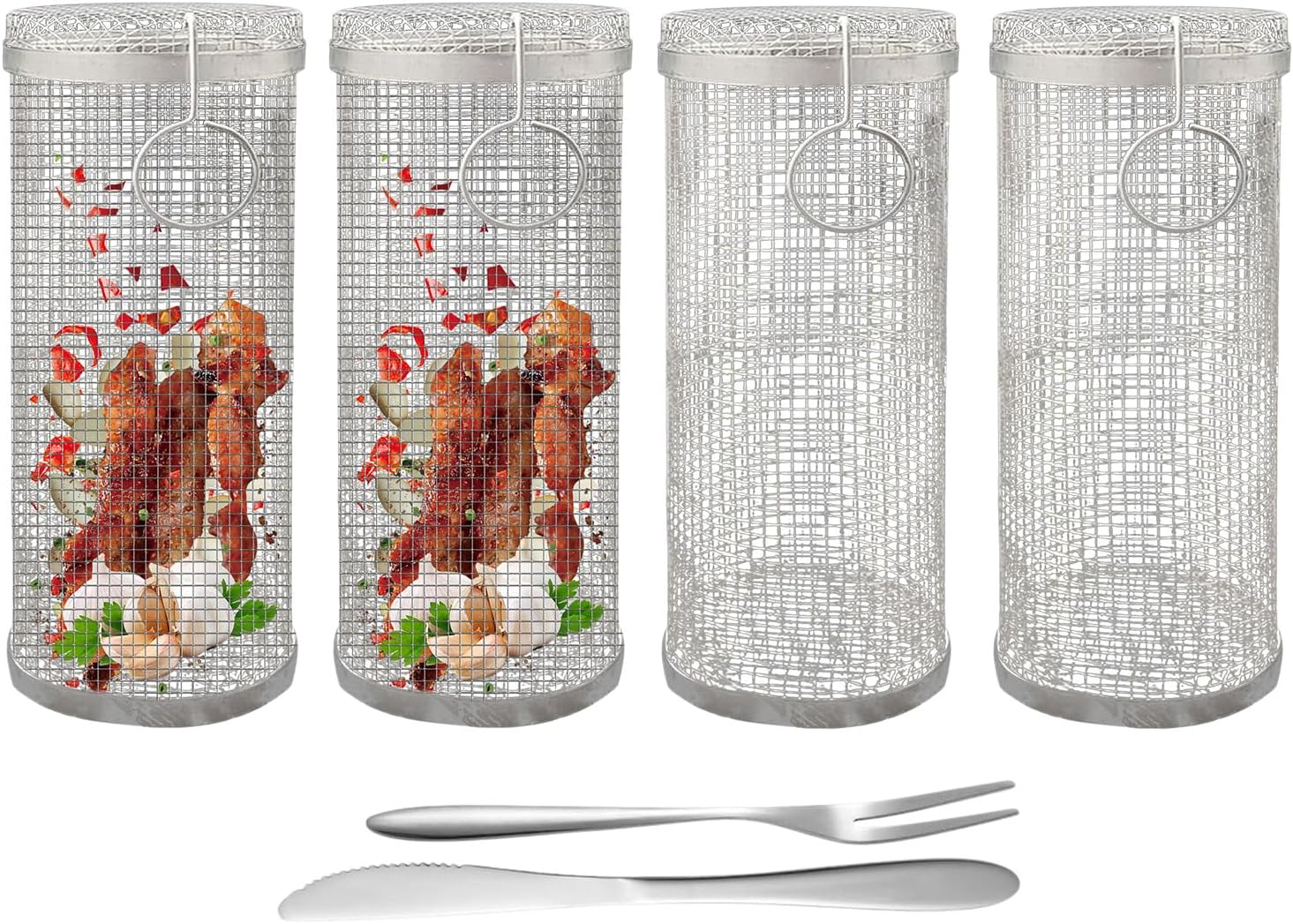 Roller Grill Basket, Baskets,Cylindrical Grill Basket Stainless Steel Rolling Grill Baskets with Fork, Portable BBQ Baskets for Grill Vegetables, Fish, Chips, Meat (4Pack (9×20cm))