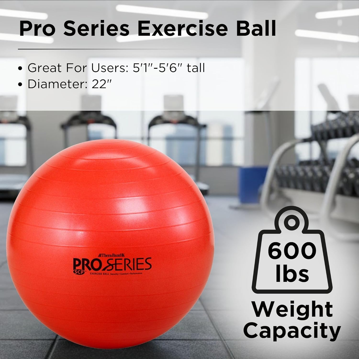 theraband pro series exercise ball, 22" red stability ball for 5'1"–5'6" users, anti-burst yoga & pilates ball, balance & core trainer, for athletes fitness at gym & home 22 inch