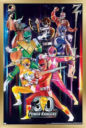 Trends International Power Rangers - Póster de pared del grupo 30, 34 pulgadas de largo x 22.4 pulgadas, versión enmarcada en oro