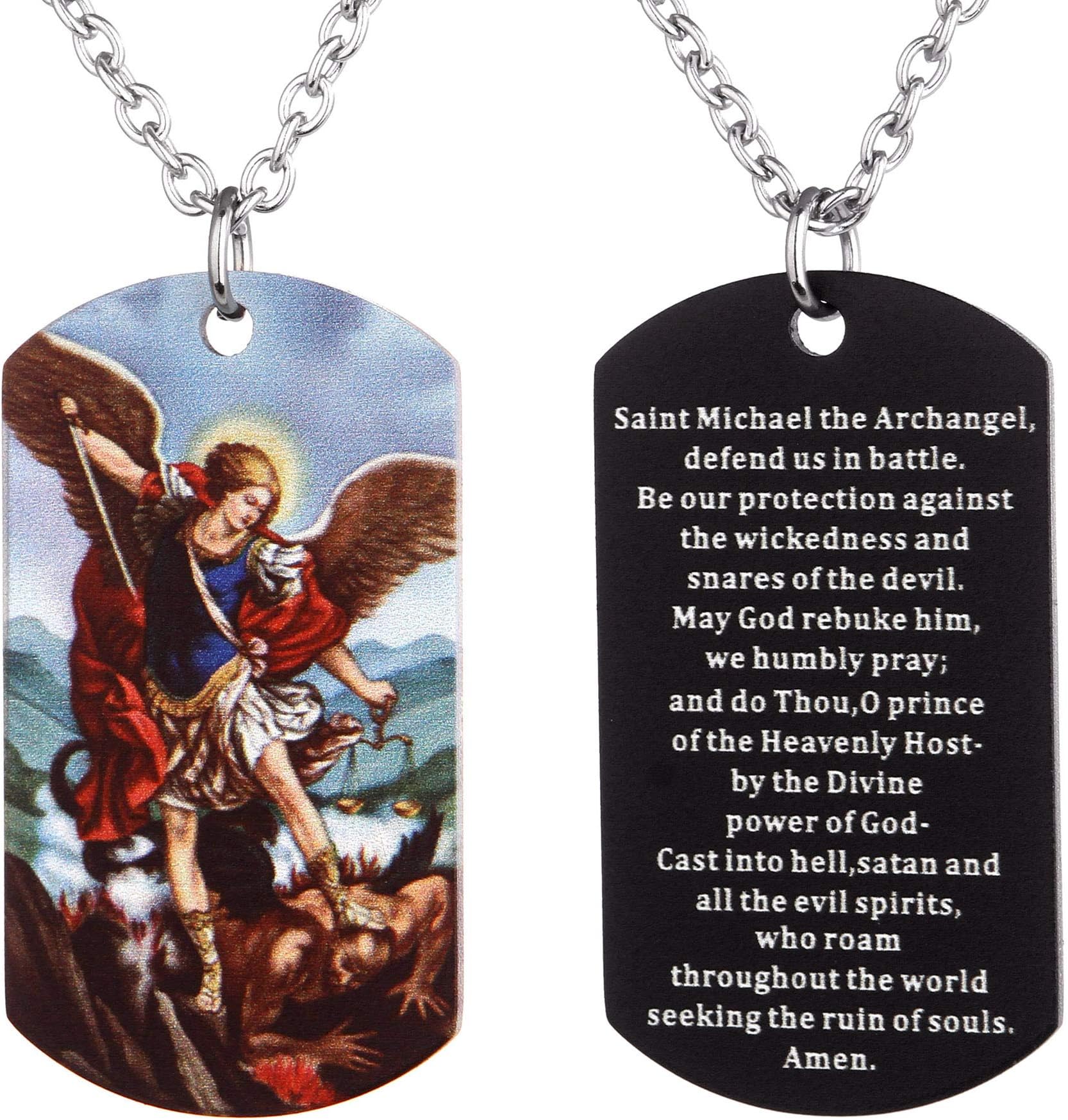 FAYERXL St Michael the Archangel LATIN Prayer Dog Tag Necklace Military Pendant Christian Faith Jewelry (Colorful Saint Michael Archangel)
