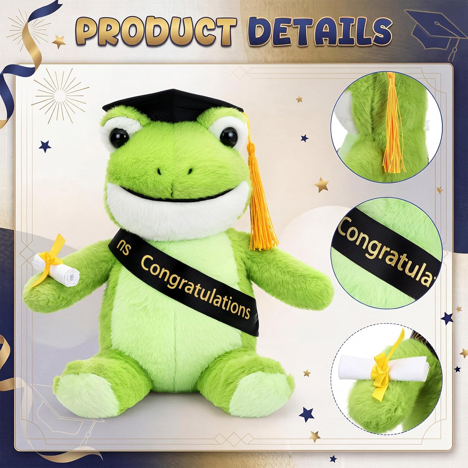 Hungdao Graduation Frog Plush Toy Gifts Set 8.6" Green Frog Stuffed Animal with Black Cap, Sash, Greeting Card and Artificial Rose for 2026 High School College Kindergarten Graduation Party Gifts - view 3