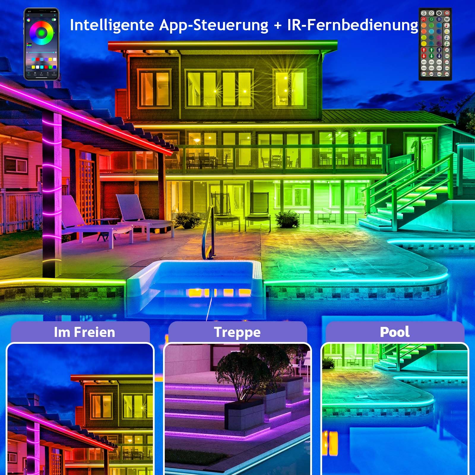 15M LED Streifen Außen Wasserdicht IP68, RGB Musik-Synch Aussenlichtband mit App & Fernbedienung, Selbstklebender Farbwechsel-Lichtschlauch für Balkon, Terrasse, Pool, Garten