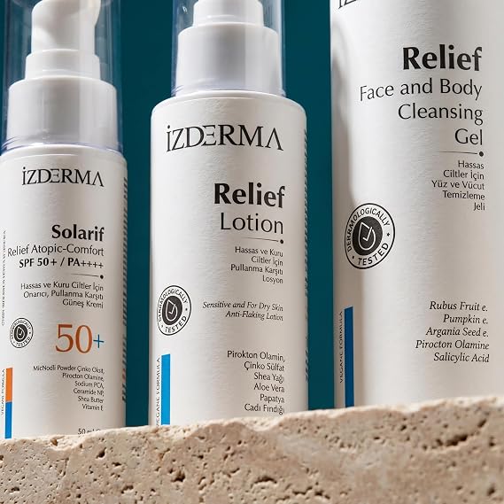 Hassas Ciltler İçin Protokol: Relief Yüz Vücut Yıkama Jeli + Relief Losyon + Relief Güneş Kremi