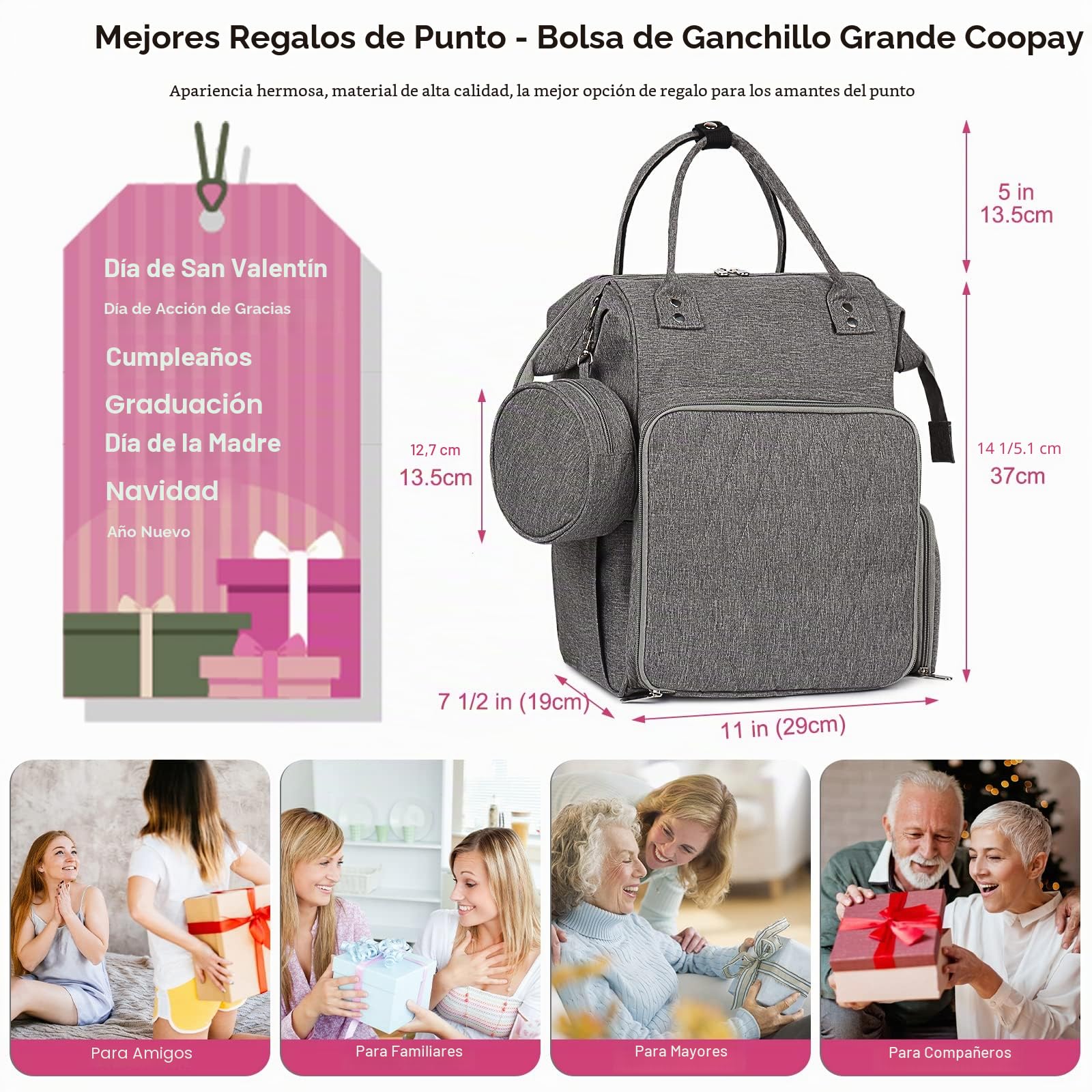 Coopay Bolsa de Punto Multifunción, Bolsa de Ganchillo de Viaje con 6 Agujeros, Gran Bolsa de Almacenamiento de Hilo para Proyectos Inacabados, Accesorios de Punto y Ganchillo (Gris)