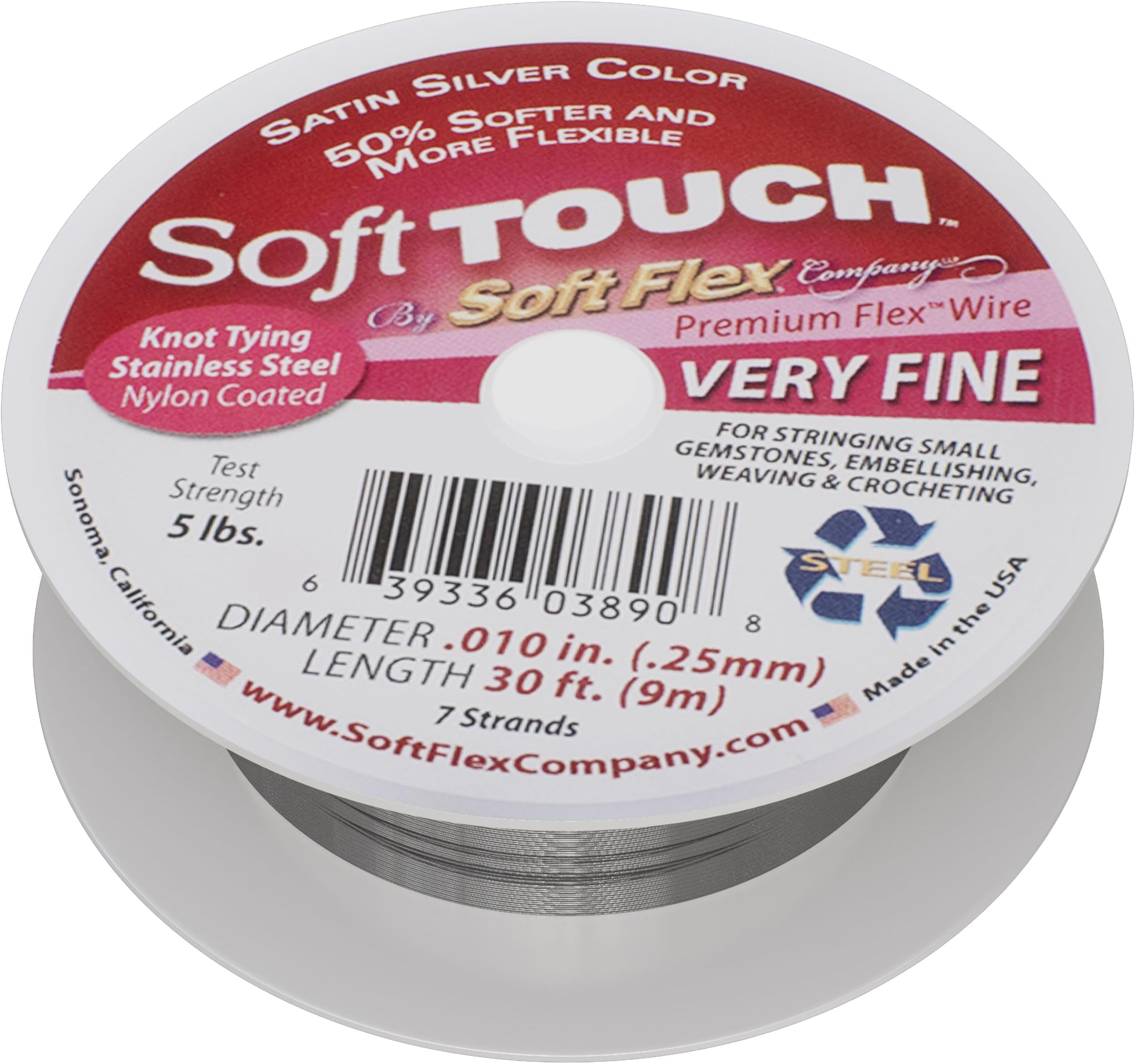 XCR-5413 Touch 7 String Very Fine Beading Wire, Silver, 30'/.010"