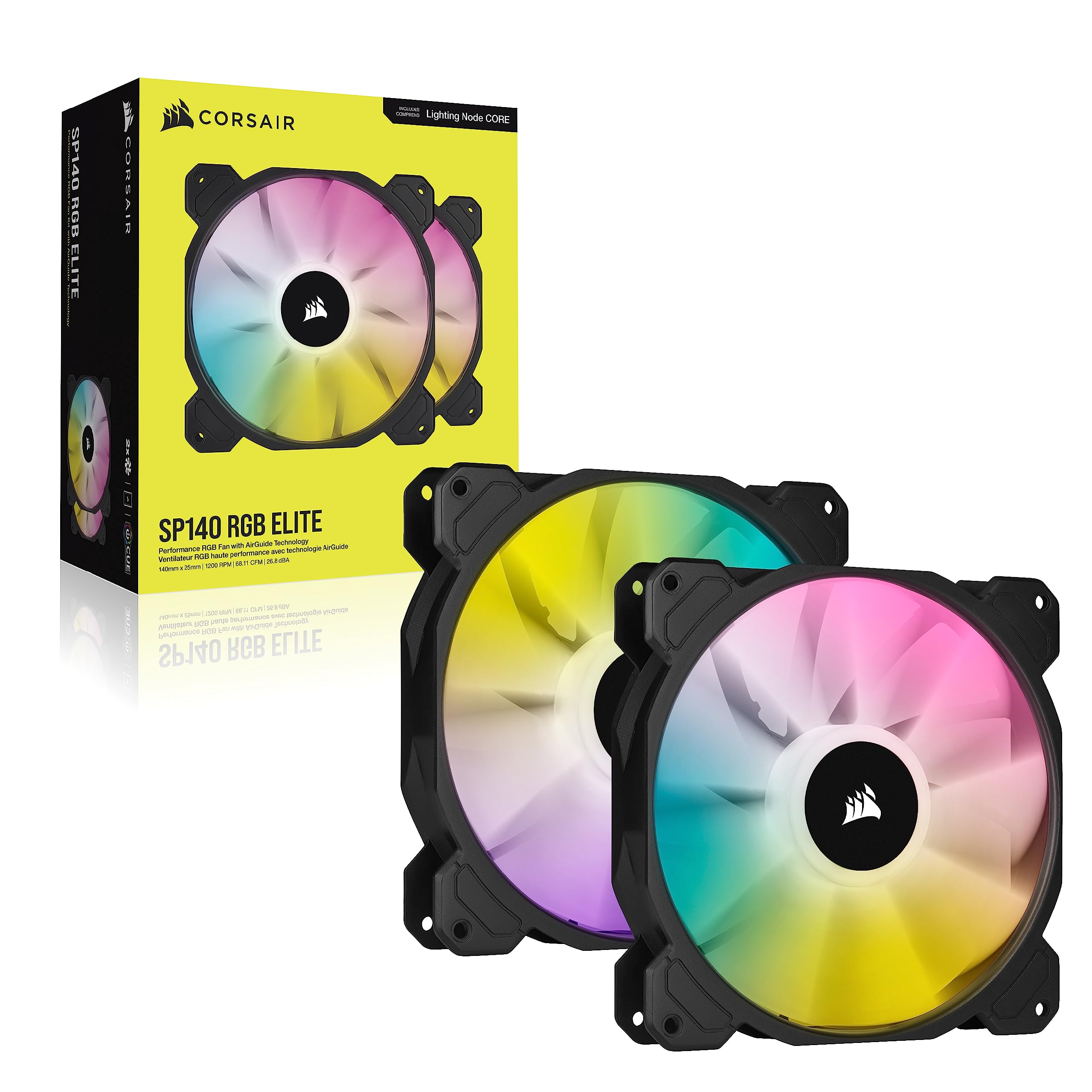 Corsair iCUE SP140 RGB ELITE Performance 140mm-PWM-Lüfter 2er-Pack mit iCUE Lighting Node CORE (CORSAIR AirGuide-Technologie, Acht Ansteuerbare RGB-LEDs, Leise 18 dBA, Bis zu 1.200 U/min) Schwarz