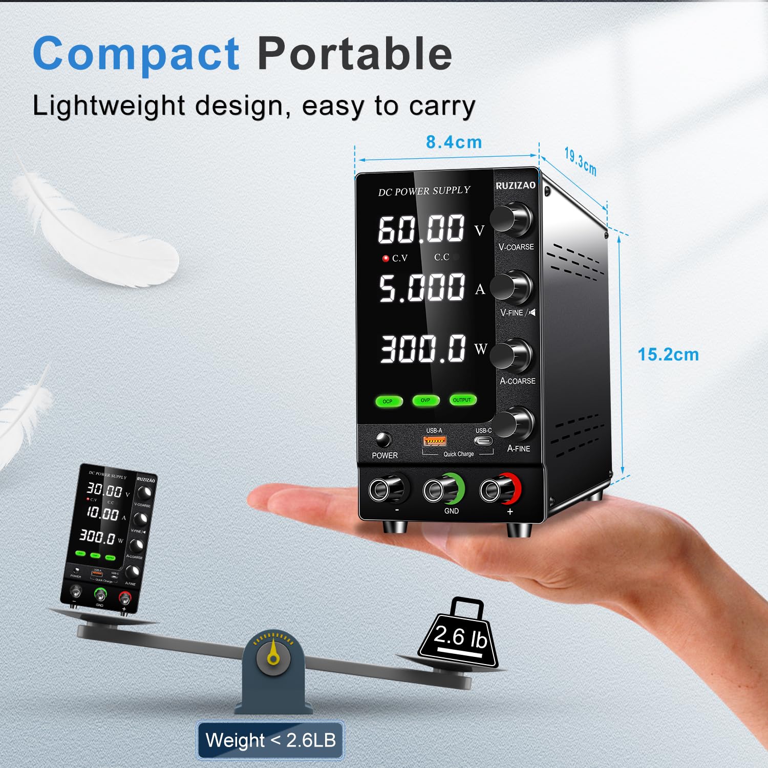 Alimentation de Laboratoire 60V 5A Alimentation Stabilisée Réglable avec OCP/OVP/Interrupteur de Sortie/Encodeurs de Précision, Alimentation de Banc de Laboratoire avec 18W USB Charge Rapide