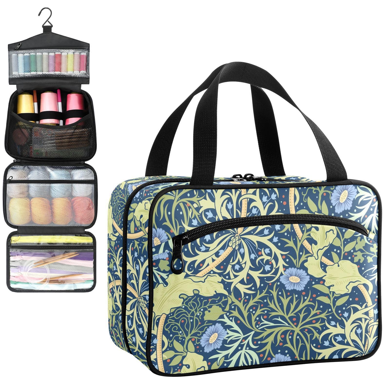 YNNALE Sewing Supply Organizer Bag, French Ethnic Floral Vintage Blue Sage Green Portable Sewing Bags with Pockets&Hanger, Sewing Storage Box Case for Sew Supplies/Kit/Tools/Accessories (BAG ONLY)