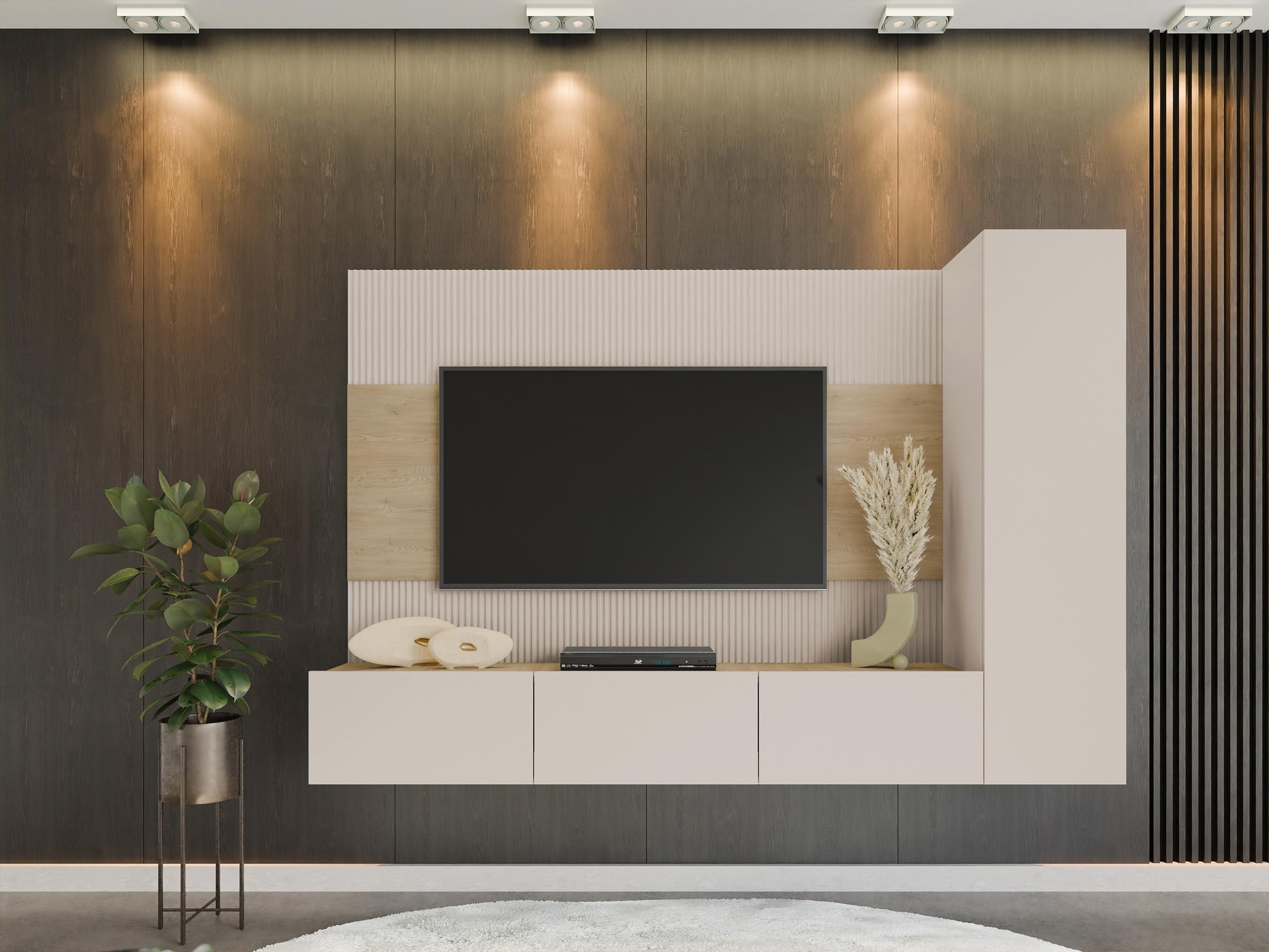 Mirjan24 Wohnwand Deromi VI, Anbauwand mit Wandpaneele und TV-Lowboard, Akustikplatten, Fernsehschrank, Schrankwand, Mediawand, Hängeschrank (Sandbeige + Eiche Cremona)