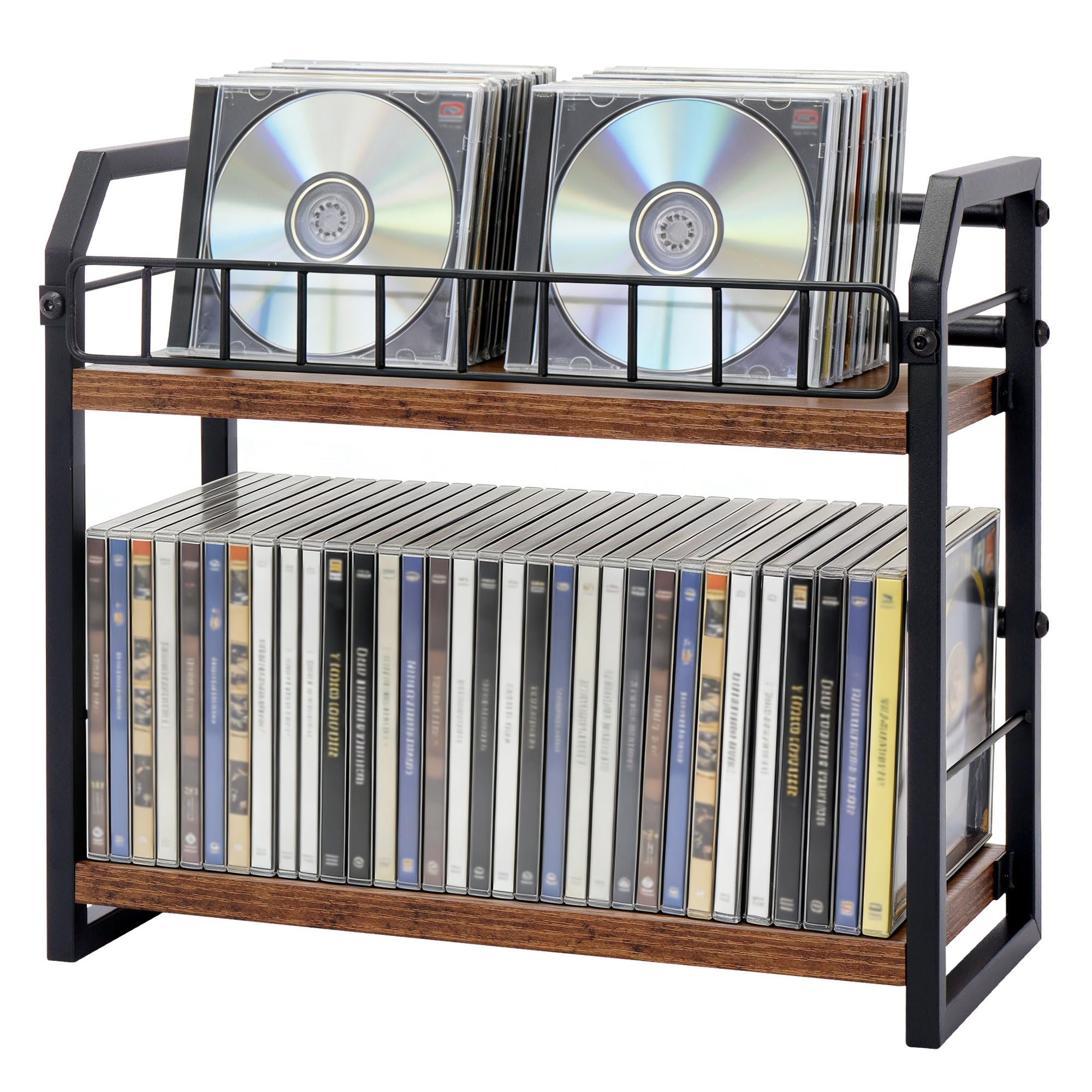 rloao 2-Tier CD Holder DVD Storage Rack, Rustic Wooden CD Storage Rack