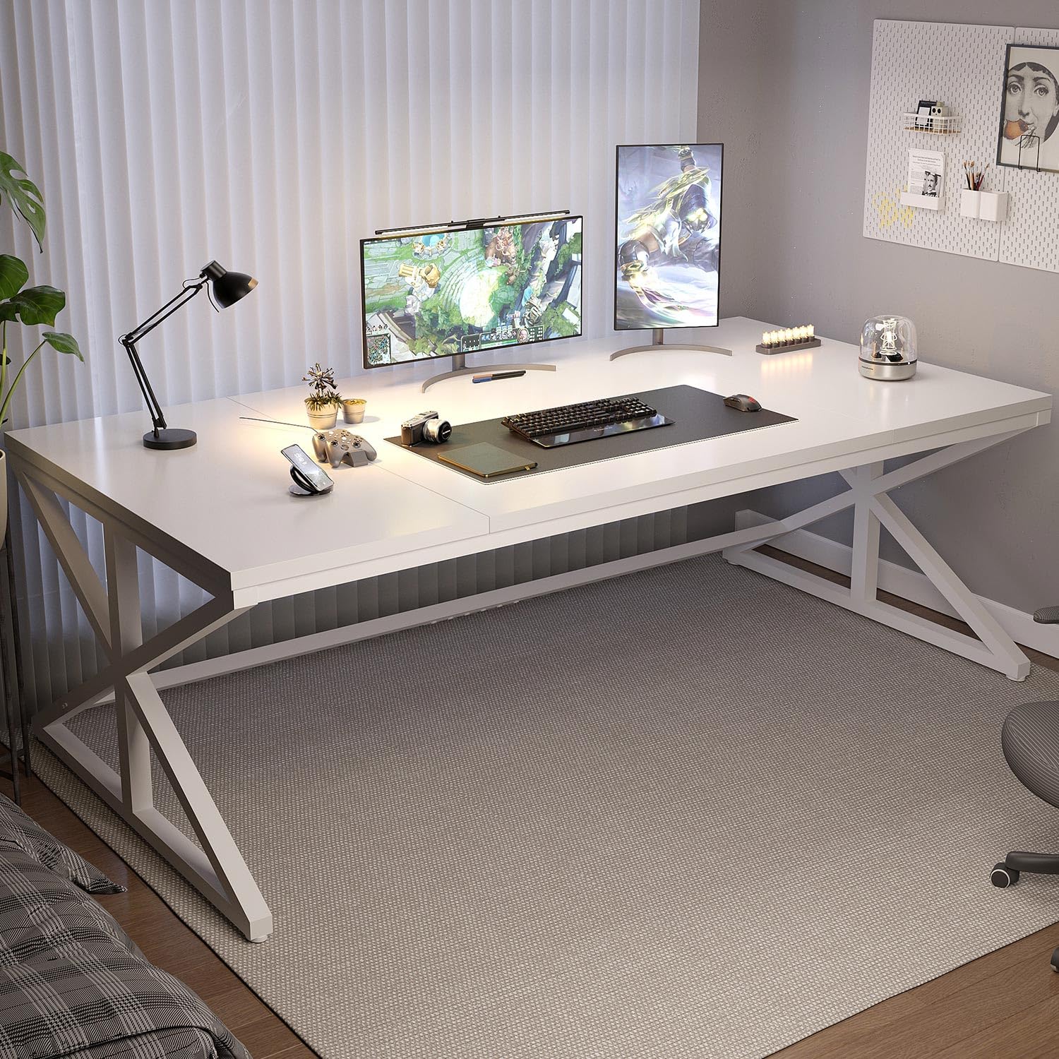 IBF - Escritorio largo de oficina para computadora, escritorio grande moderno de madera para el hogar, mesa de estudio, trabajo y juegos industrial para PC para 2 personas, escritorio ejecutivo de