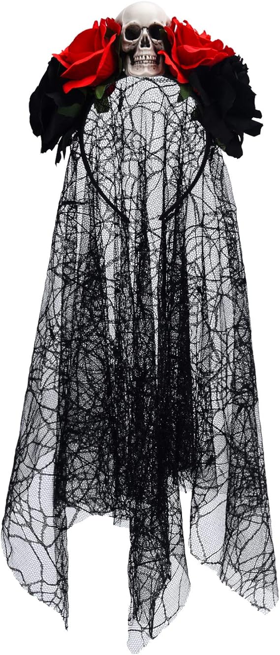 Blulu Halloween Veil Headband Women Day of The Dead Rose Flower Veil Headpiece Gothic Bride Floral Crown Costume Cosplay Halloween Party Accessories for Women