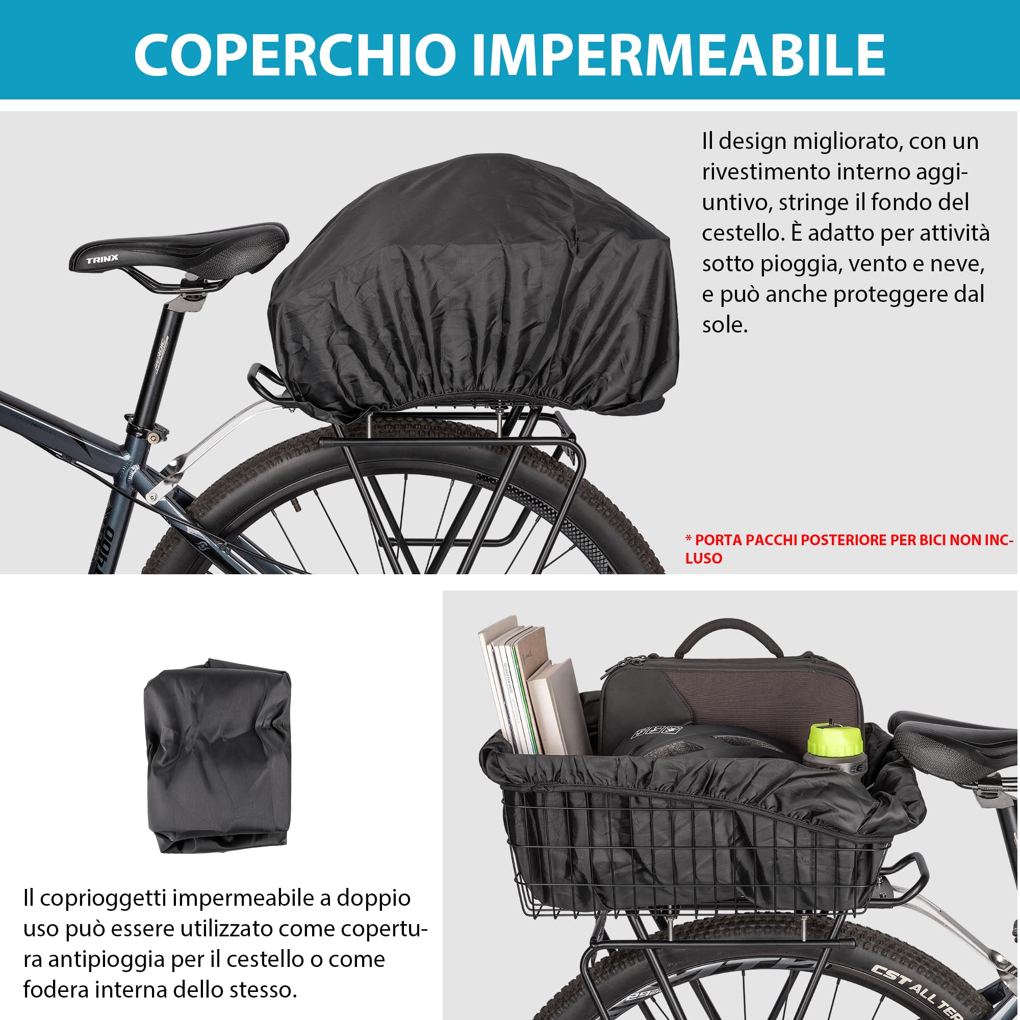 CXWXC Cestino posteriore per bici – Cestino posteriore con rete di trasporto e copertura impermeabile – Accessori per e-bike, cestini posteriori, ampia capienza per bici da adulto