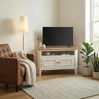 Living Room Storage Furniture, Belle Cream &Wood Corner TV Stand with Shelf & 2 Door Cupboard, Solid Oak Top, Light Painted Frame, Brass Fixtures, Traditional Classic Style
