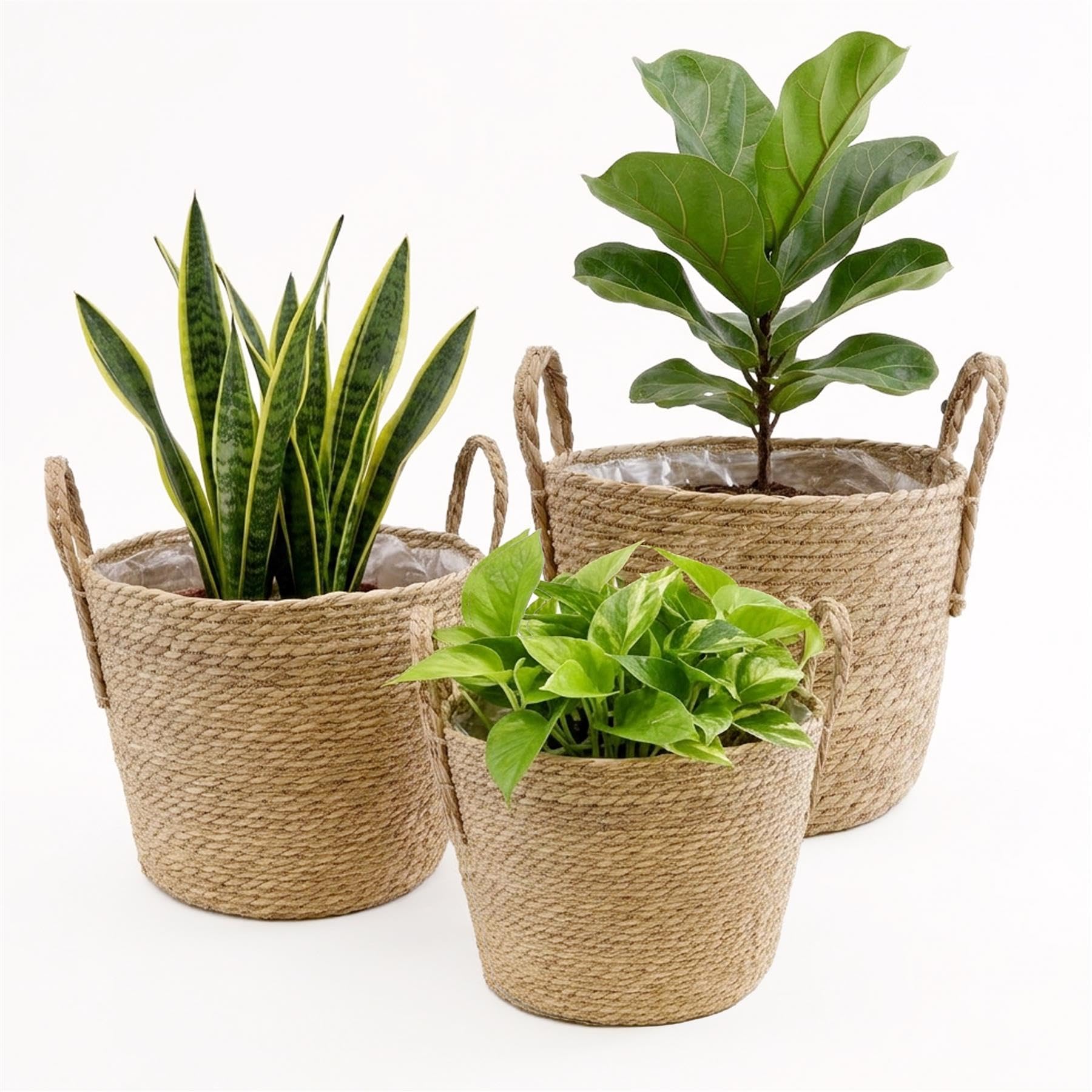 GEEZY Set of 3 Wicker Planter Baskets with Handles, 27/30/37 cm - Leakproof Indoor Flower Pot & Rattan Storage Hamper, Woven Seagrass, Built In Plastic Lining - Great for Houseplants, Toys, Clothes