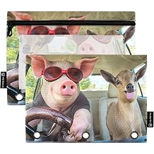 Gredecor Binder Pencil Pouch 3 Ring Pig Goat Driving Car Zipper Pencil Pouches Case 2 Pack Clear Binder Organizer for School Office