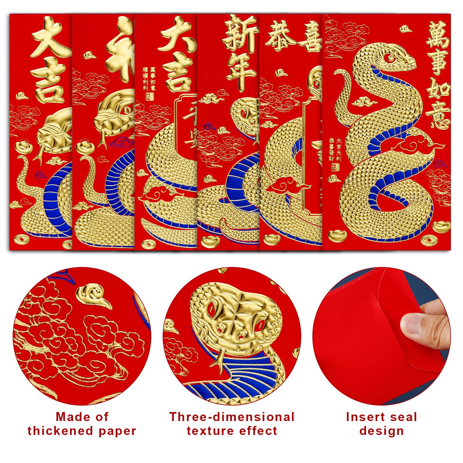 Buste Rosse per Capodanno Cinese 2025 con 50 Monete Feng Shui 16,8x9cm Hong Bao Serpente 6 Motivi Rilievo Dorati