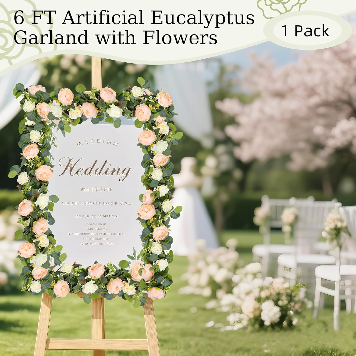 Lewondr Artificial Eucalyptus Garland with Flower - 4 Rose 4 Peony, 6FT Faux Floral Greenery Garlands Fake Flowers Vines, Maintenance-Free for Wedding Table Backdrop Party Room Decor, Mixed Champagne