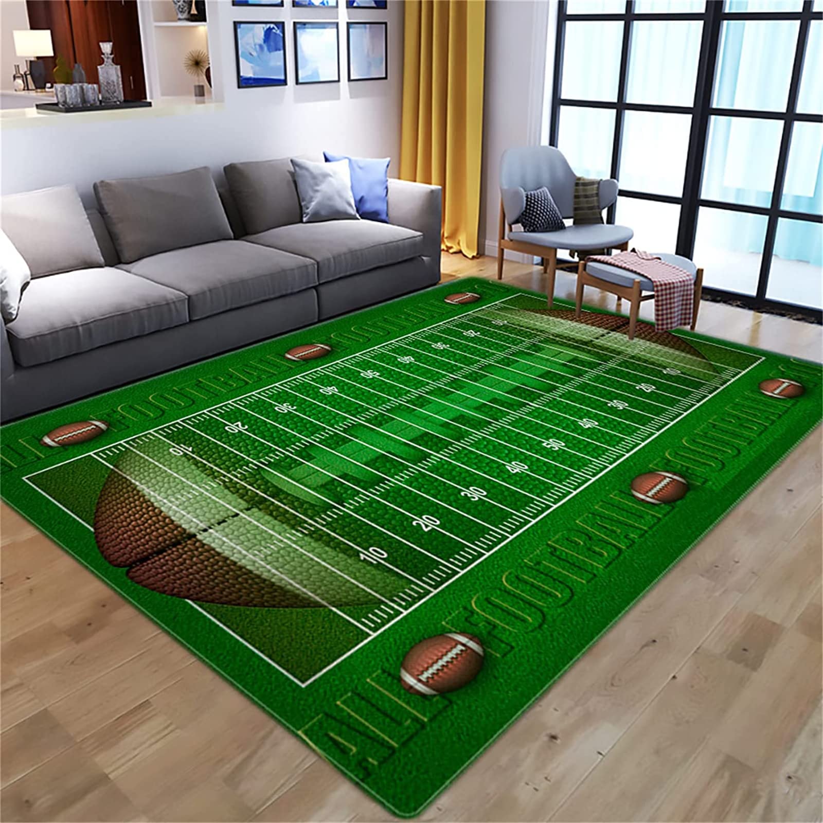 Sports Field Area Rug,5X6ft,Sports Enthusiasts Area Rugs,Green Soccer Field Rug,Suitable for Living Room Bedroom Children's Room Playroom Non-Slip