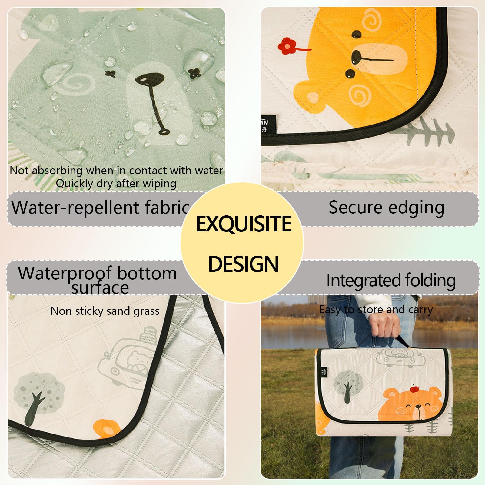 Telo da Picnic Antisabbia Impermeabile, Tappeto Spiaggia Extra Grande Pieghevole, Tappetino da Picnic Lavabile Leggero per Campeggio, Escursionismo, Viaggi Familiari,Bear,200×200cm