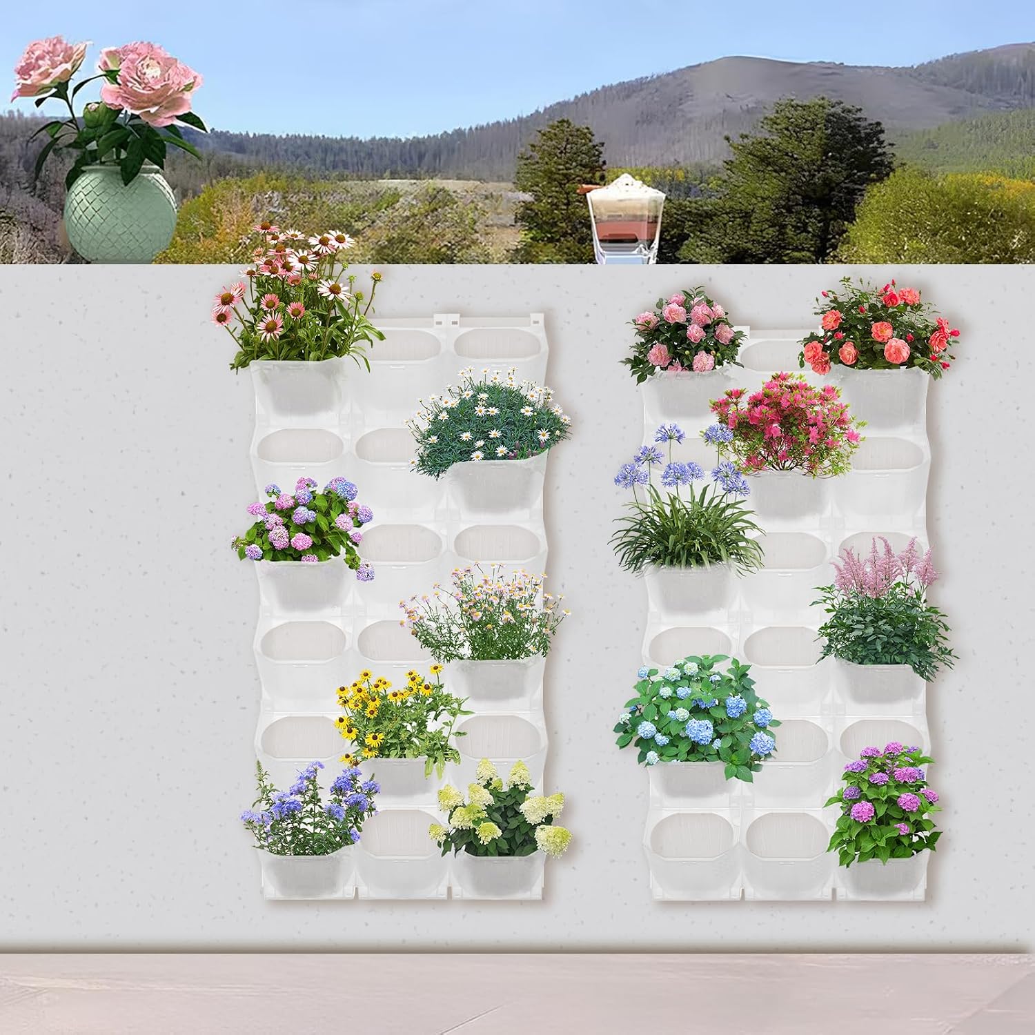 36 Pockets Hanging Grow Bags, Stackable Vertical Wall Planter Outdoor, Self Watering Hanging Planters, Living Wall-Mounted Planter Pots for Garden, Flowers, Vegetables, Fruits, White