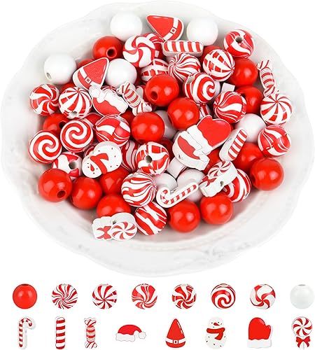 210 cuentas de madera de Navidad, cuentas de madera roja y blanca, cuentas de caramelo de menta, chicle, sombrero de muñeco de nieve, sombrero de