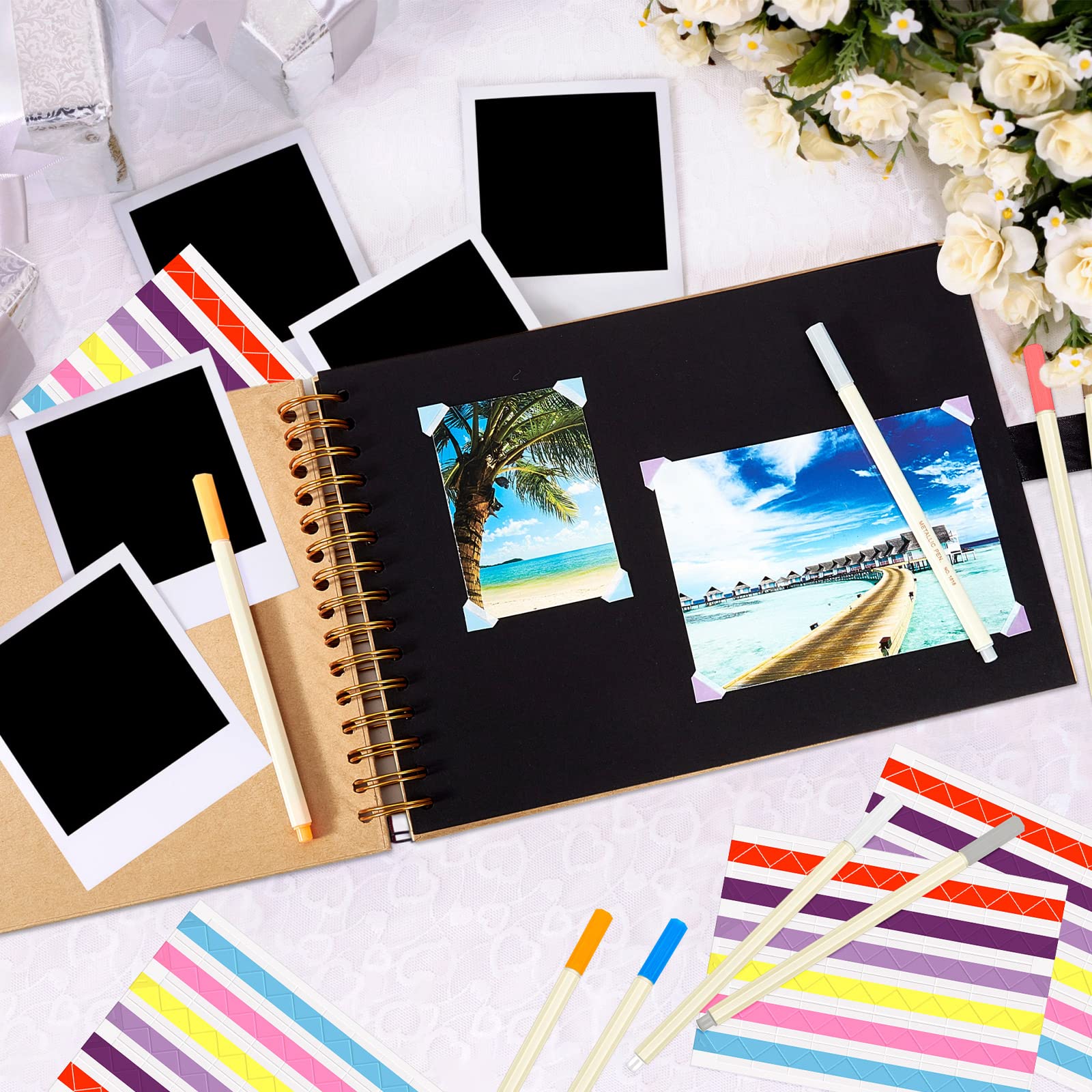 PerKoop 6 Pack 12 x 8.3 Inch DIY Scrapbook Photo Album with Corner Stickers and Pens 40 Black Pages Hardcover Scrapbook Journal for DIY Craft Anniversary Wedding Guest Book Birthday Gifts