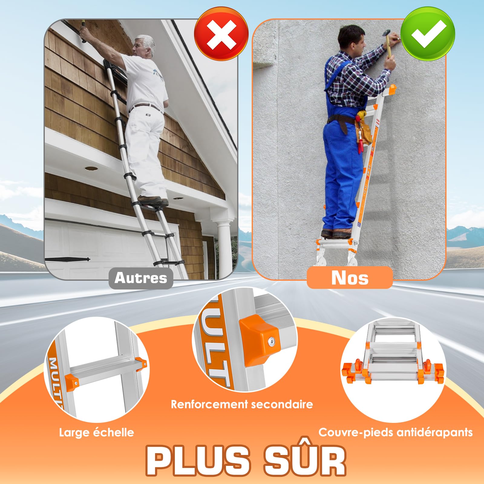 Échelle Polyvalente à 5 Niveaux,5,18 m, avec Tige stabilisatrice et Roues, capacité de Charge 150 kg, échelle de sécurité a pour échelles, Maison intérieure et extérieure, Toit