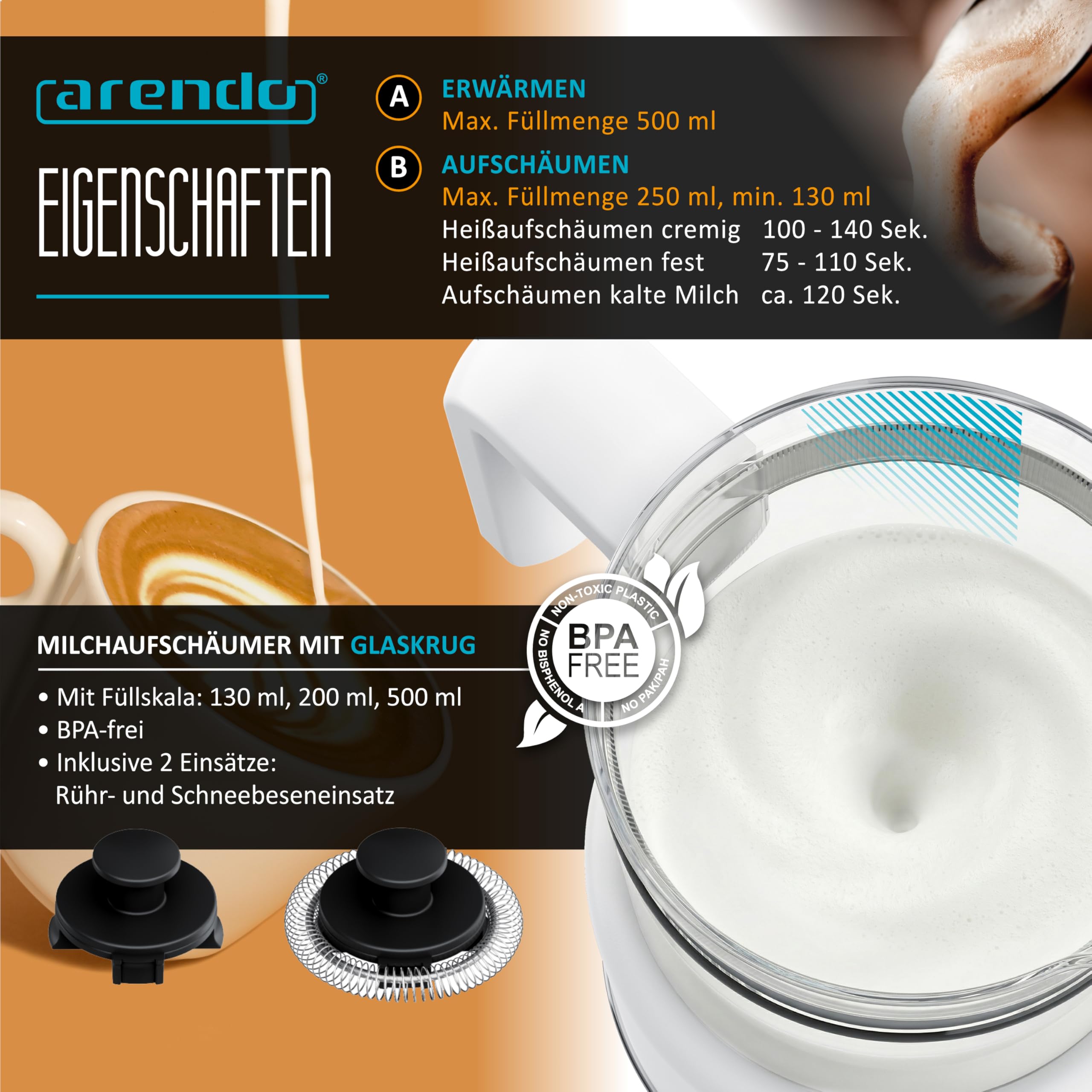 Arendo – Milchaufschäumer elektrisch – 600 Watt Heizelement – 500 ml – 6 Automatikprogramme – Milchschaum für heiß und kalt – 2 Einsätze – für Cappuccino Latte Macchiato heiße Schokolade