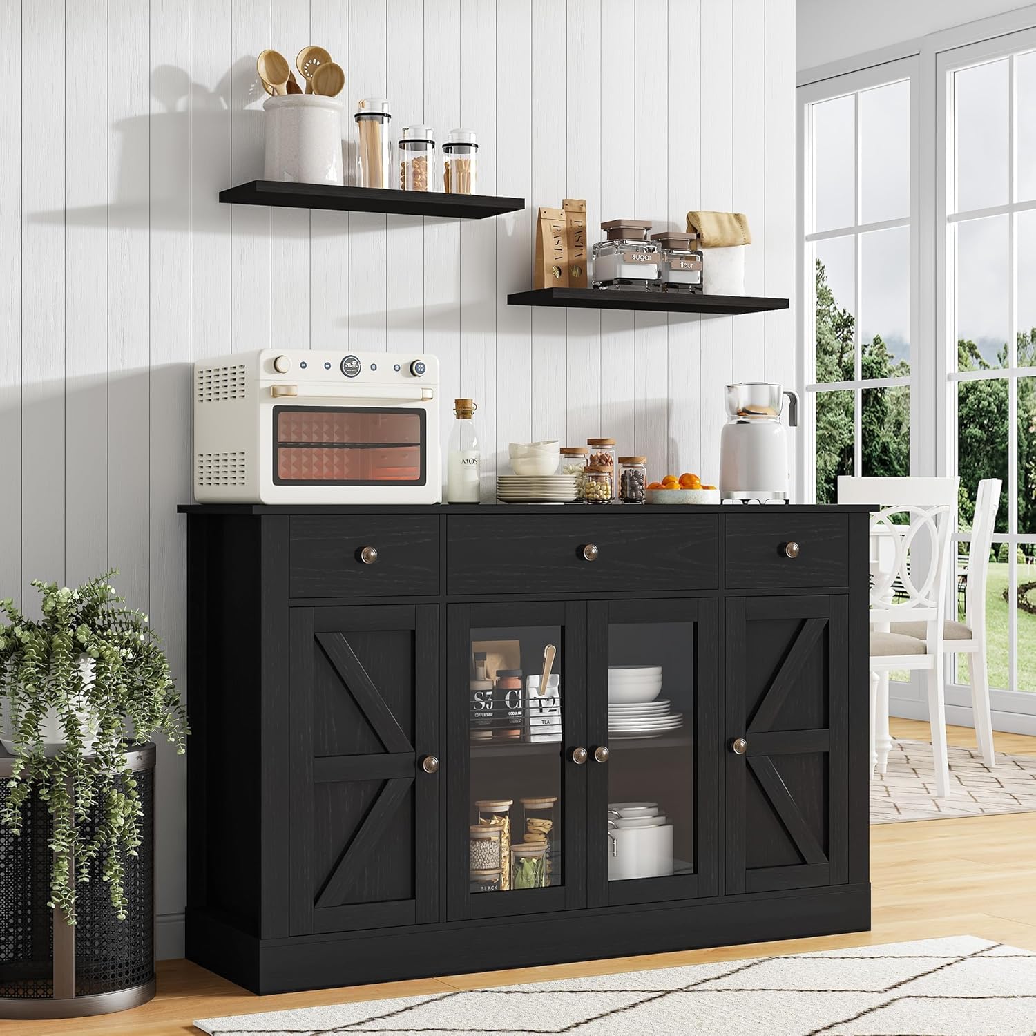 4EVERWINNER 55" Farmhouse Coffee Bar Cabinet with 4 Glass Doors, 3 Drawers & Adjustable Shelves - Black Sideboard Buffet for Kitchen Dining