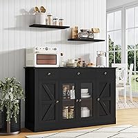 4EVERWINNER 55" Farmhouse Coffee Bar Cabinet with 4 Glass Doors, 3 Drawers & Adjustable Shelves - Black Sideboard Buffet for Kitchen Dining