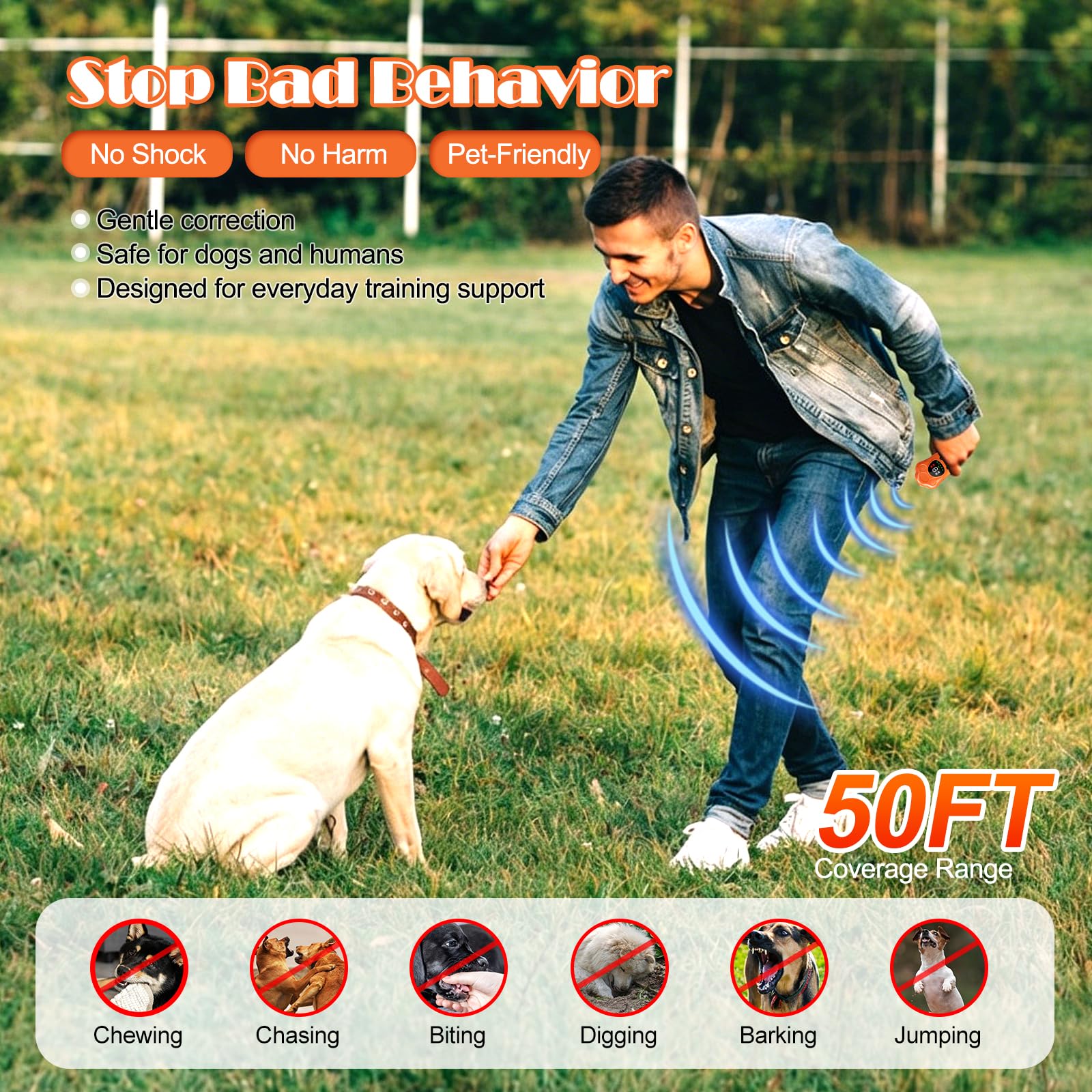 Podazz Torcia deterrente per la corteccia del cane regolabile a 10 livelli – Dispositivo di addestramento per animali domestici ricaricabile tramite USB, dispositivo ad ultrasuoni anti-abbaio con luce