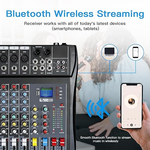 Miniatura 2 de Mezclador de audio de 8 canales, mezclador de DJ profesional, tablero de sonido, efecto de retardo de reverberación, interfaz de audio USB, 48 V,