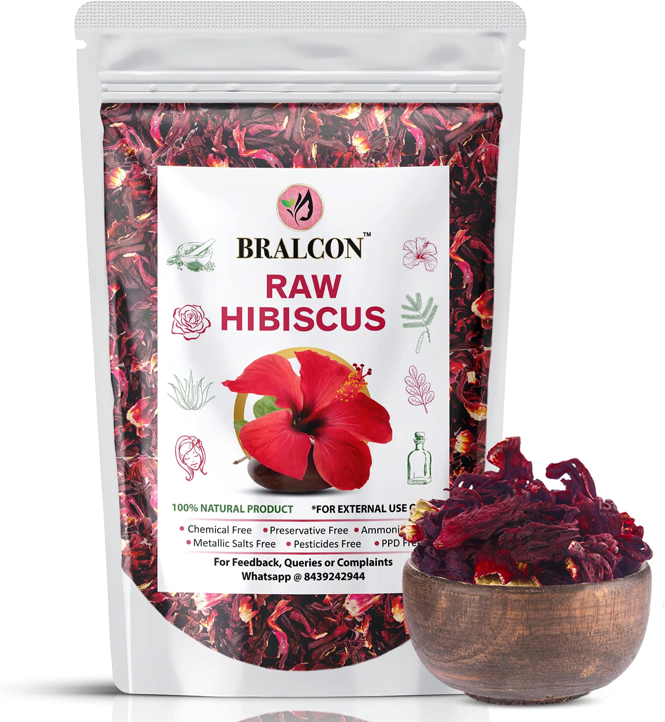 BRALCON Organic Raw Hibiscus 100g Dry Hibiscus Flower Rosa-Sinensis for Hair Care & Face Pack Gudhal Ka Phool for Hair Growth, Skin Care Pure Raw Form Conditioner