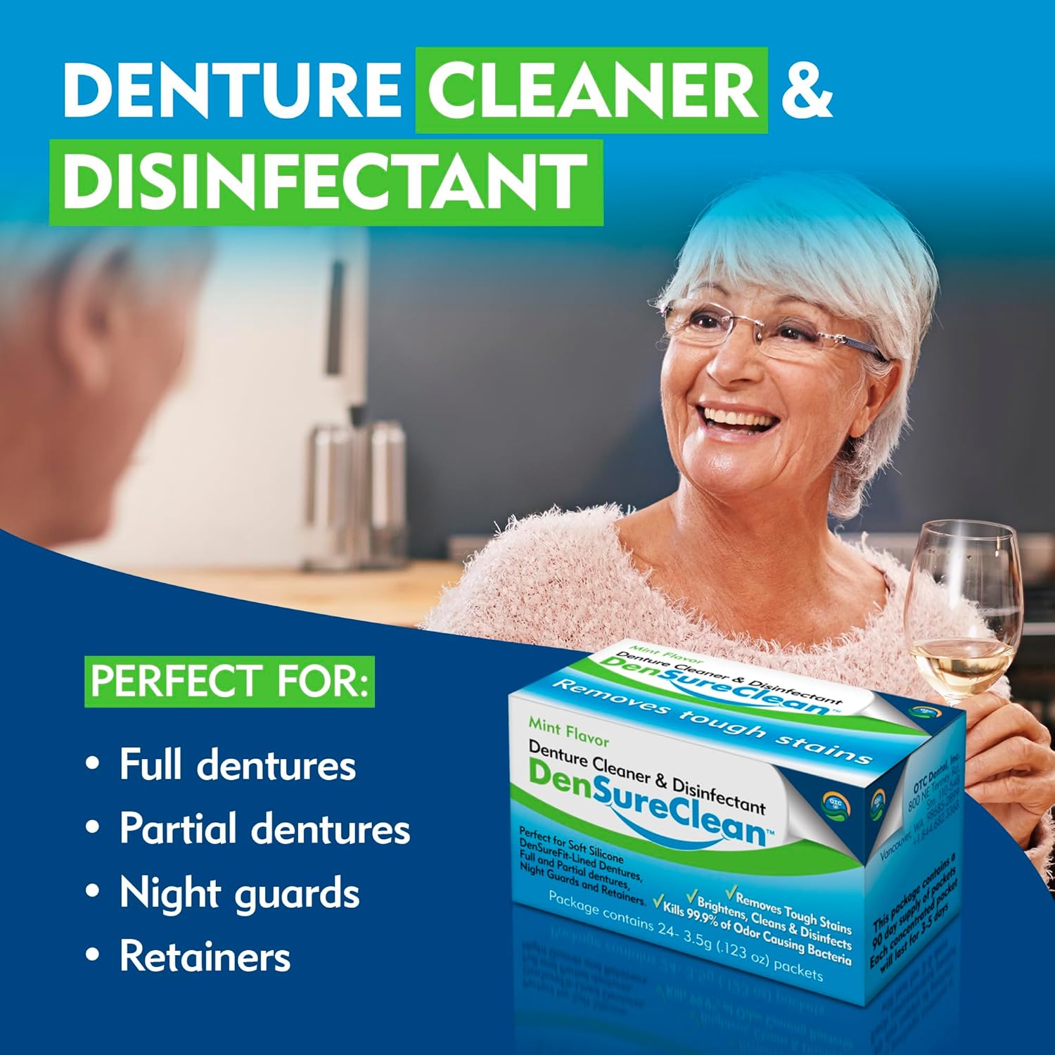 DenSureFit Denture Cleaner Powder, 24 Flavored Stain Removal Denture Cleanser Crystals, Retainer Cleaner for Nightguards, Sports Appliances and More