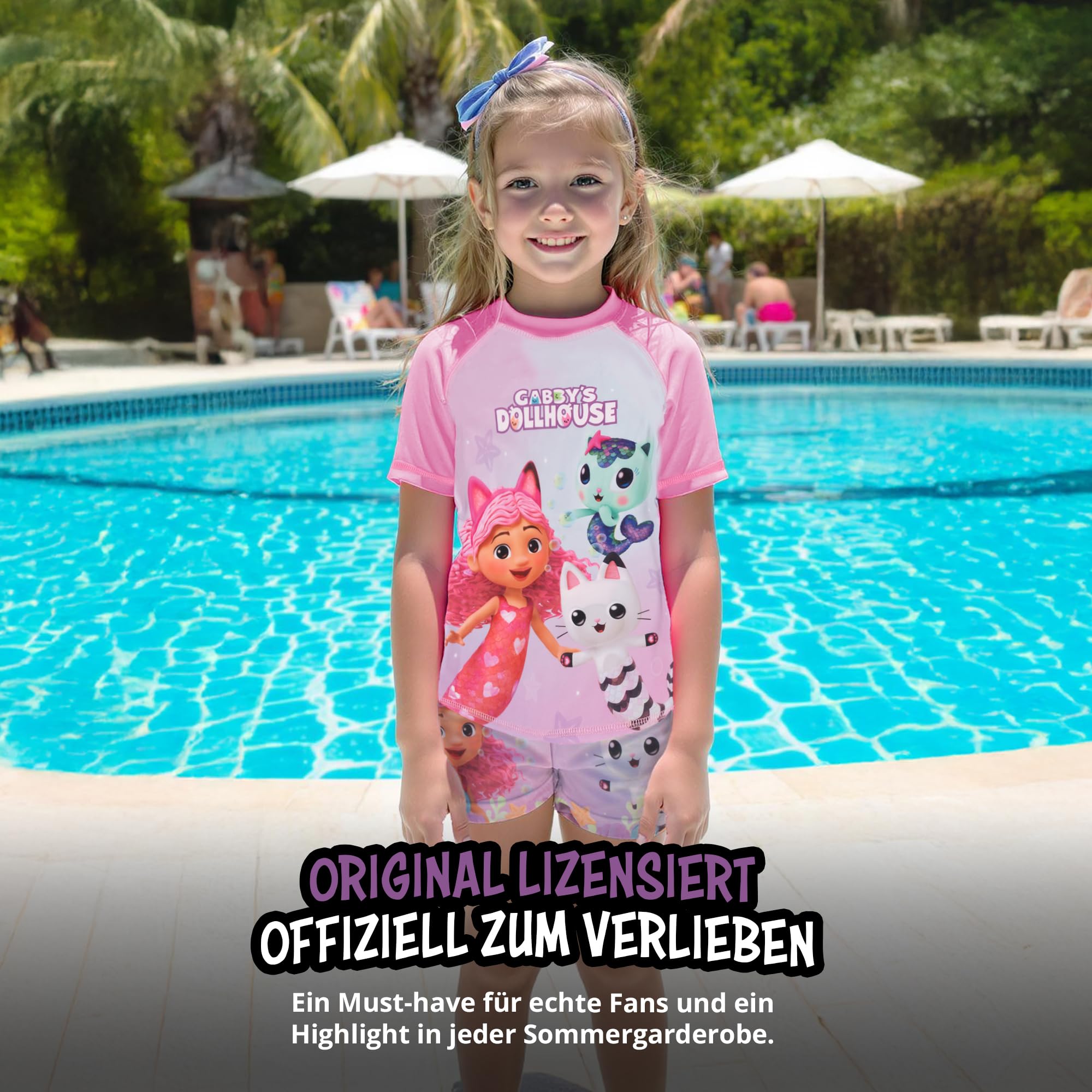 United Labels Gabby's Dollhouse Badeanzug zweiteilig UV Schutz 30 für Mädchen, Rosa Lila, Bademode Kinder mit Shirt und Badehose, Badebekleidung