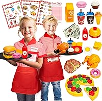 Assorty Restaurant Server Role Play Toys Set for Kids 3-8: 60+ Pc Pretend Play Food, Unisex Costume, Money, Menu - Kitchen Fun & Xmas Gifts