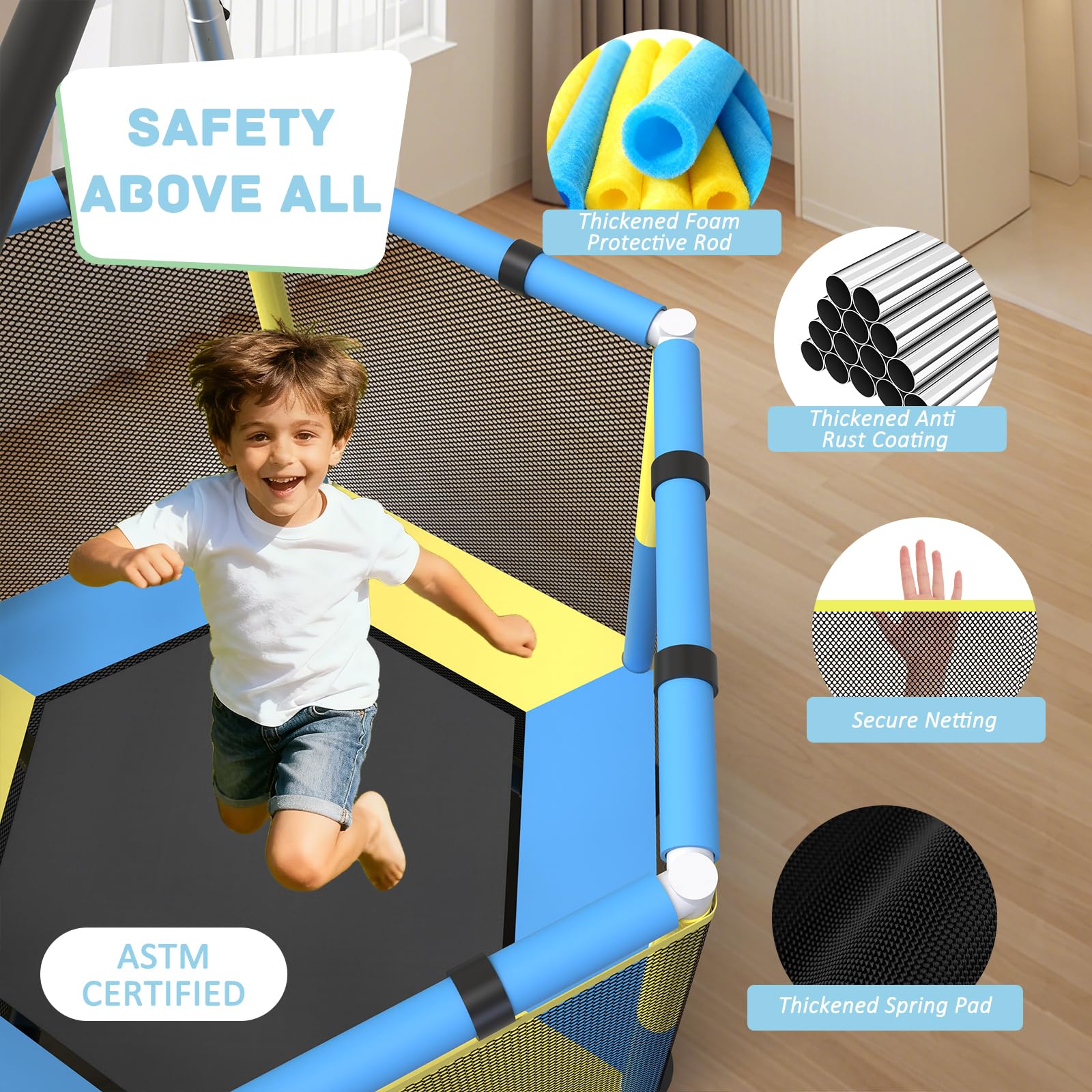 Trampolin Kinder, 150cm Kinder Trampolin Outdoor/Indoor, 200 kg mit Sicherheitsnetz, verbesserte Ringbeine mit Verstellbarer Turnstange, Geschenke für im Alter von 1 bis 8 Jahren