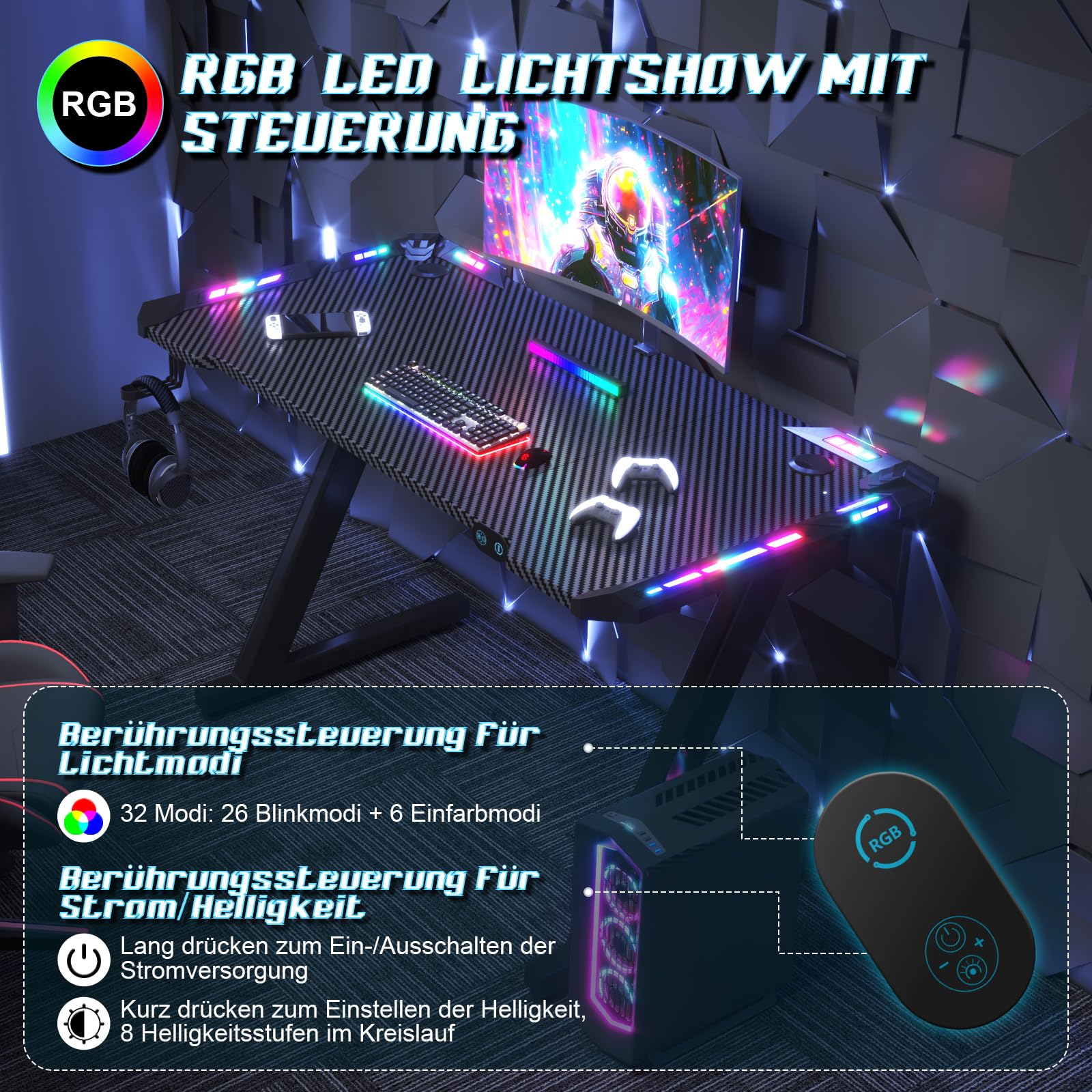 JUMMICO Gaming Tisch mit LED-Beleuchtung, RGB Gaming Tisch, Stabiler Computertisch für Homeoffice und Gamer,Gaming Schreibtisch mit Kopfhörerhalterung und Getränkehalter, 120 x 60 cm, Schwarz
