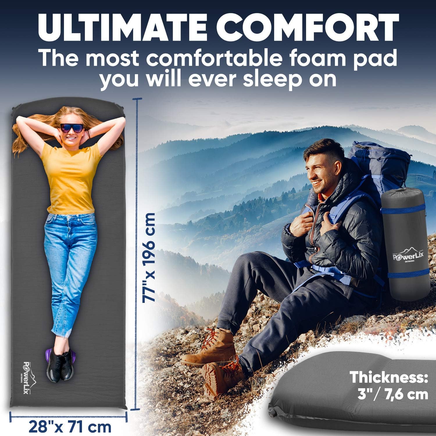 Powerlix Sleeping Pad – Self-Inflating Foam Pad - Insulated 3inches Ultrathick Mattress for Camping, Backpacking, Hiking - Ultralight Camping Mat Pad for A Tent, Built in Pillow- Fits in A Carry Bag : Sports & Outdoors