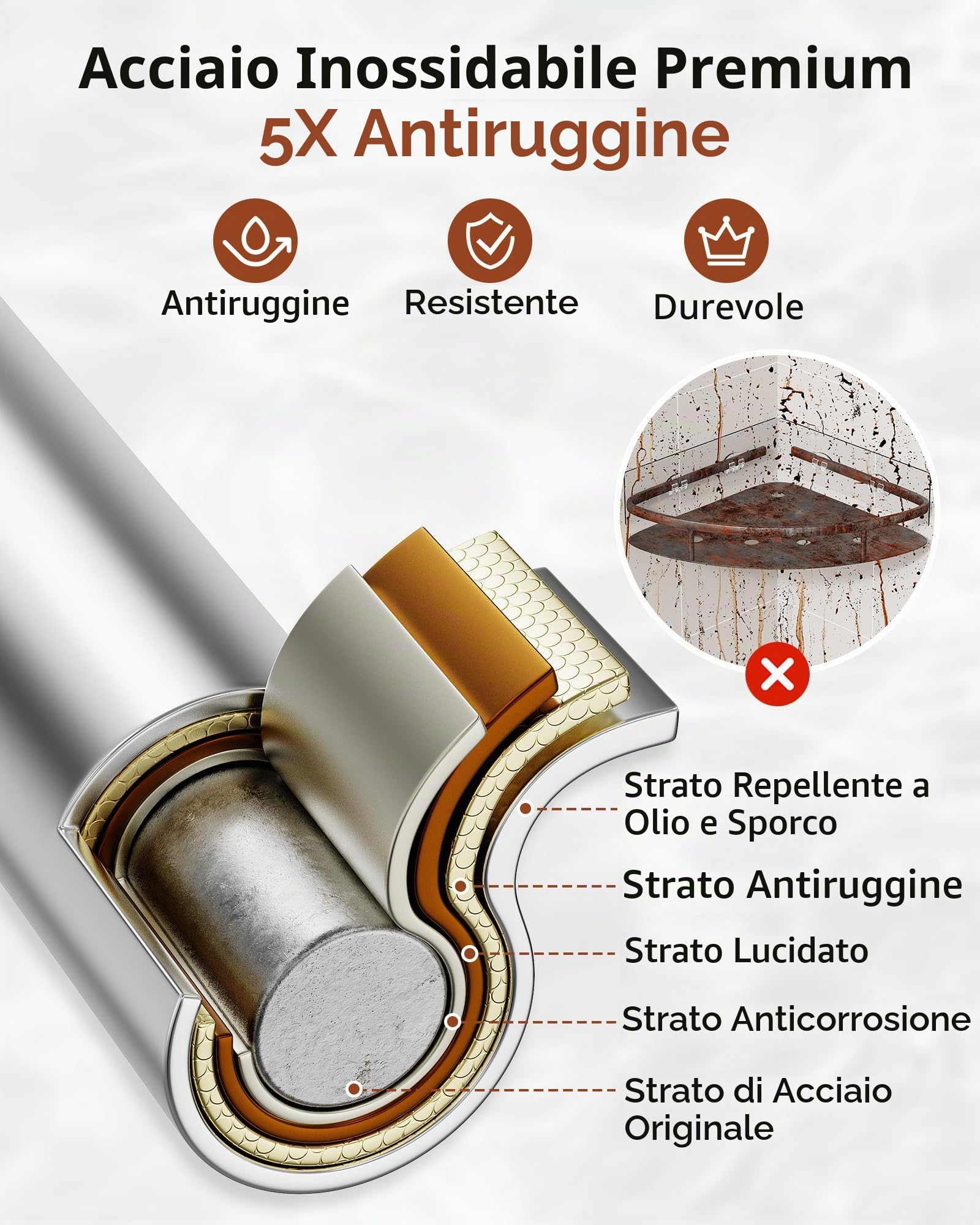 Orimade Adesiva Mensola ad Angolo Bagno Stoccaggio Portaoggetti da Doccia Gabinetto SUS 304 Acciaio Inossidabile Nessuna Perforazione - 2 Pezzi