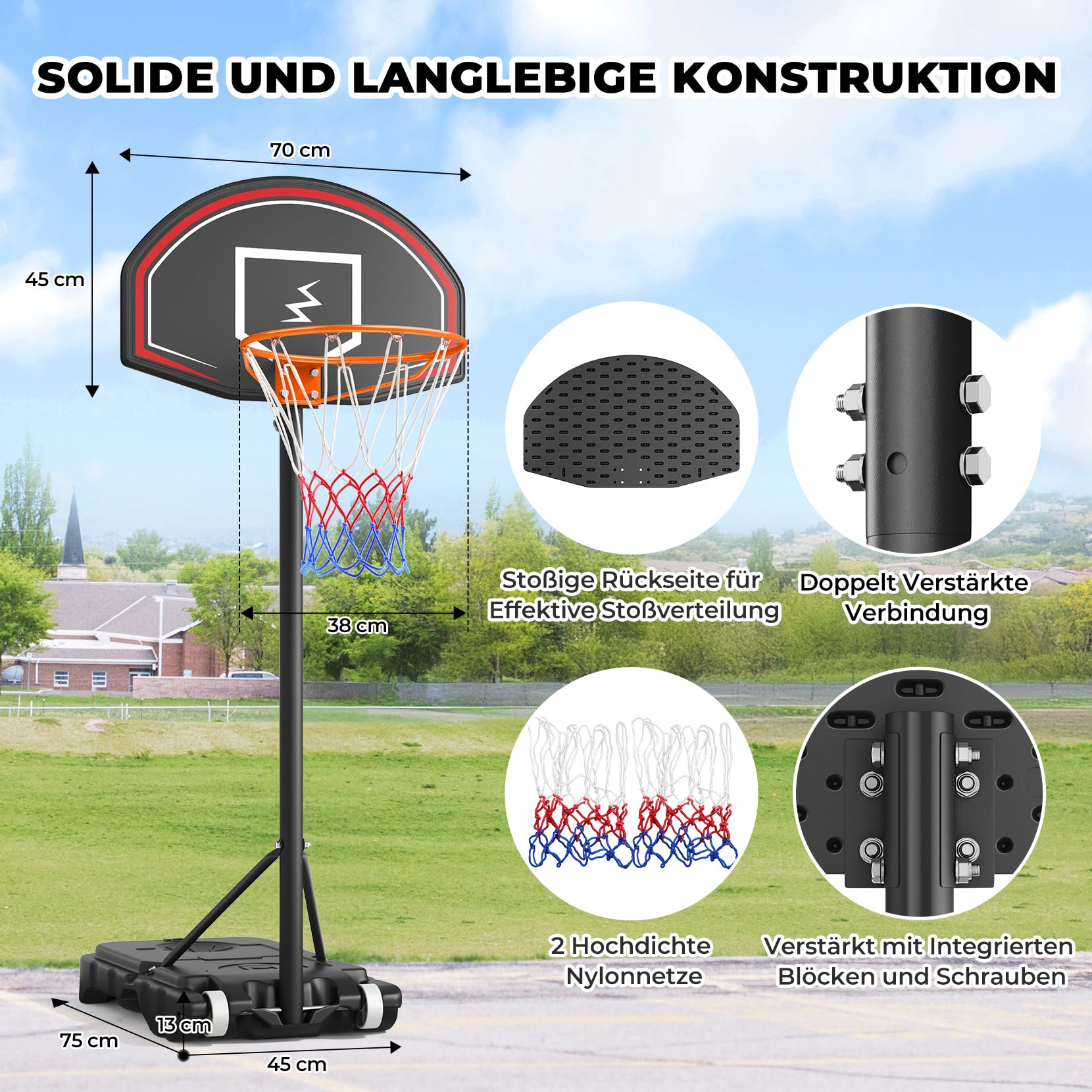 YOLEO Basketballkorb Outdoor für Kinder, 110-210cm höhenverstellbar, transportabler Basketballständer mit Rollen