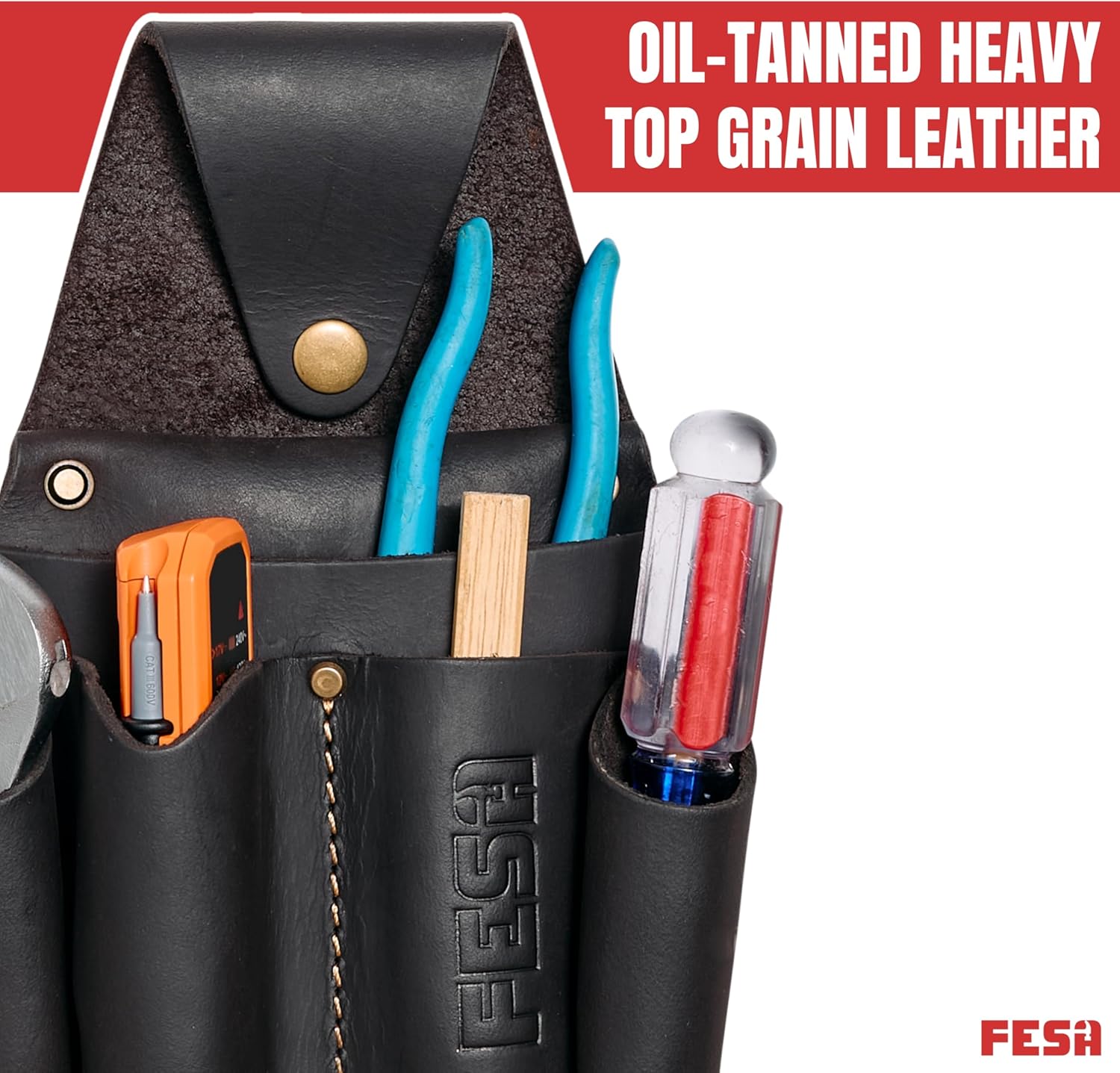 FESA Leather Electrician Tool Pouch - Pocket Caddy Clip On Tool Pouch with Voltage Test Meter Pocket & 5 Other Compartments - Easy On & Off - Fits Belts up to 3" Wide - Handcrafted